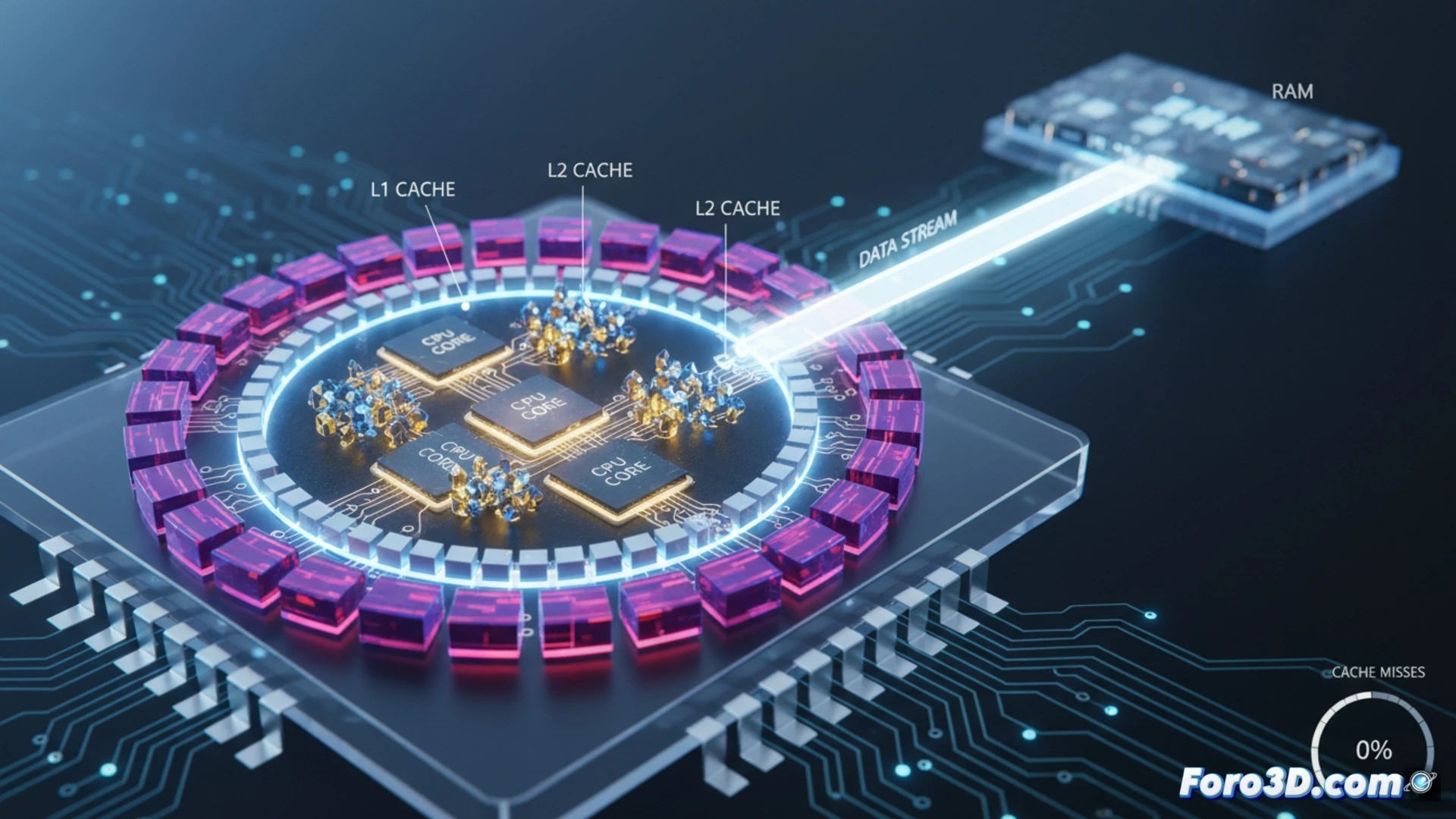 Un procesador con núcleos brillantes, conectados por finos caminos de luz a una compleja estructura de memoria caché integrada, mientras datos fluyen rápidamente hacia ellos, evitando el acceso lento a la RAM.