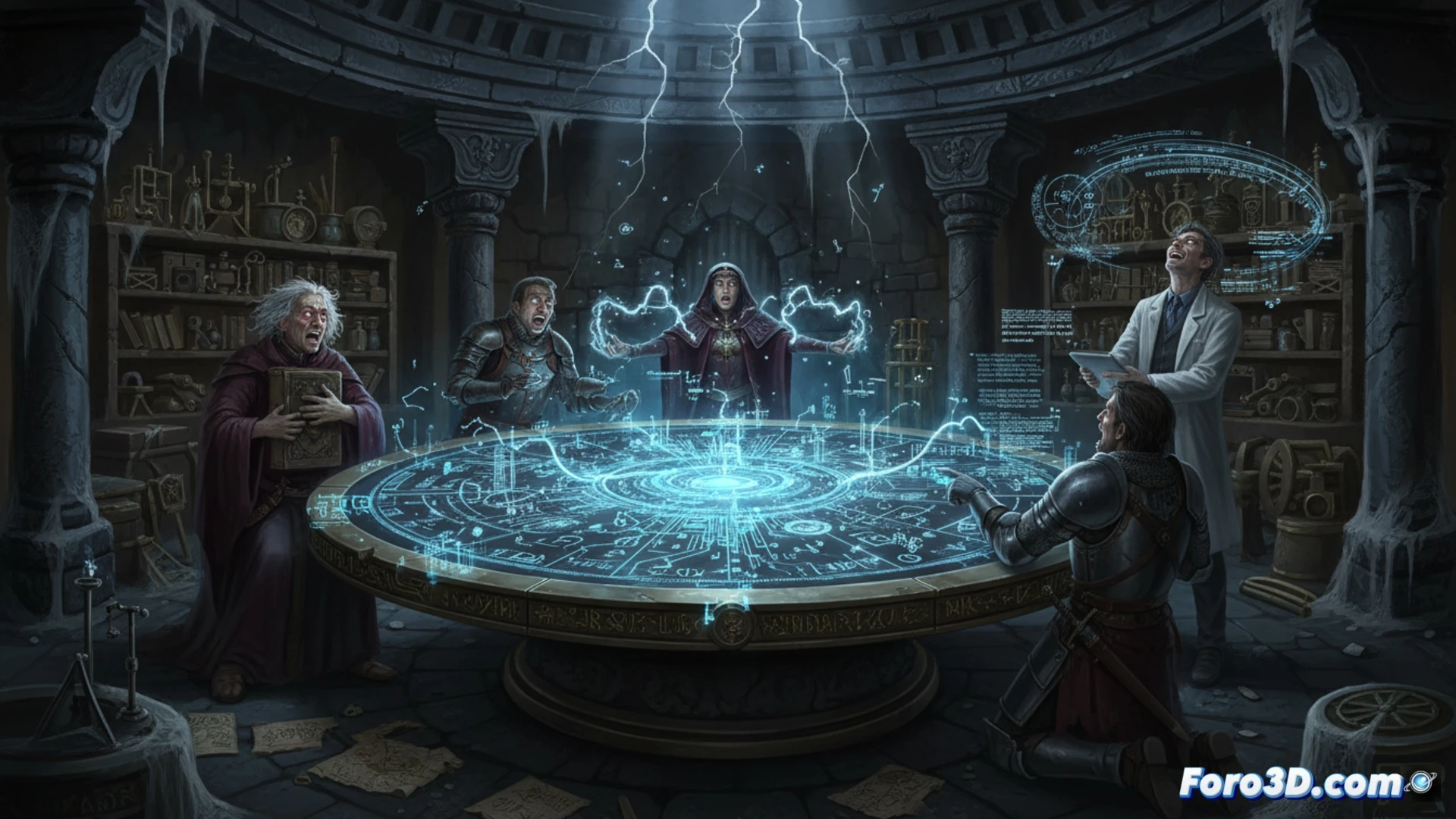 Una cueva subterránea en Toledo, con una mesa antigua grabada con símbolos cósmicos que emite una luz inquietante.