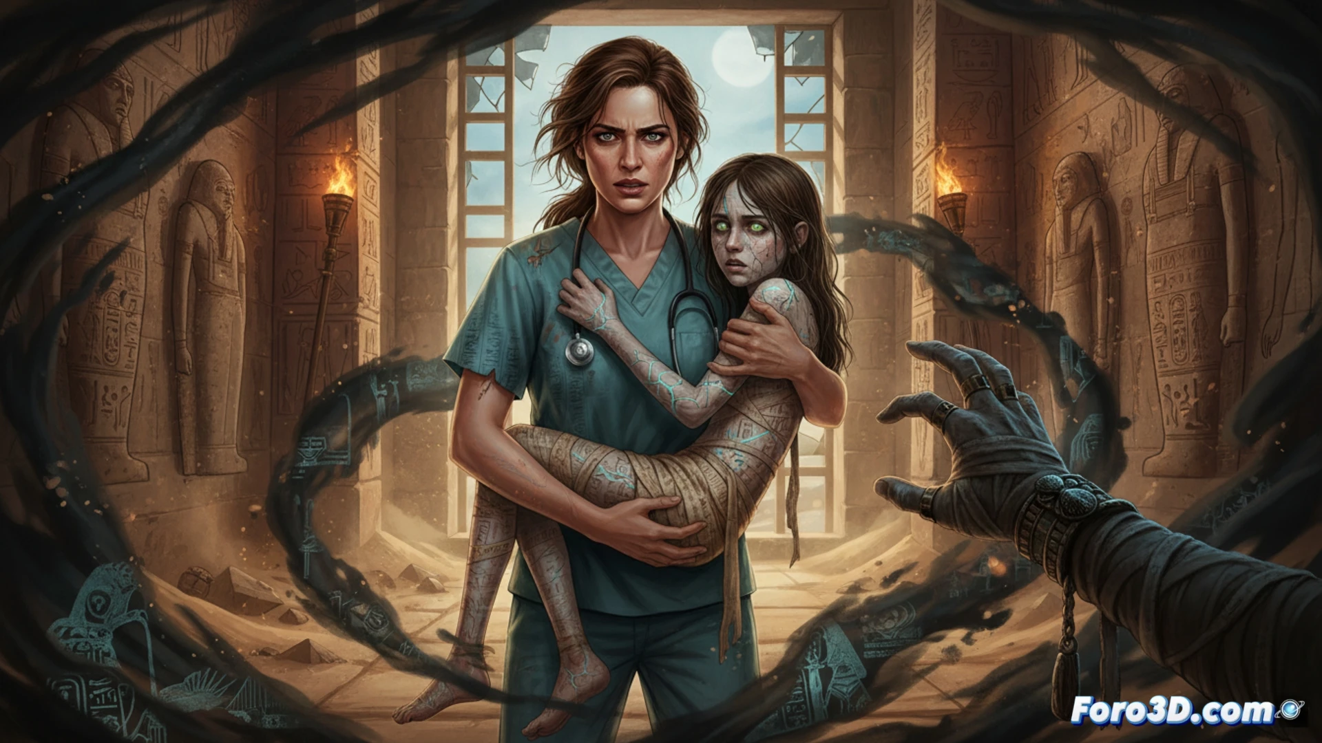 Un storyboard 3D muestra el deterioro de una niña poseída por una antigua maldición egipcia en una habitación oscura.