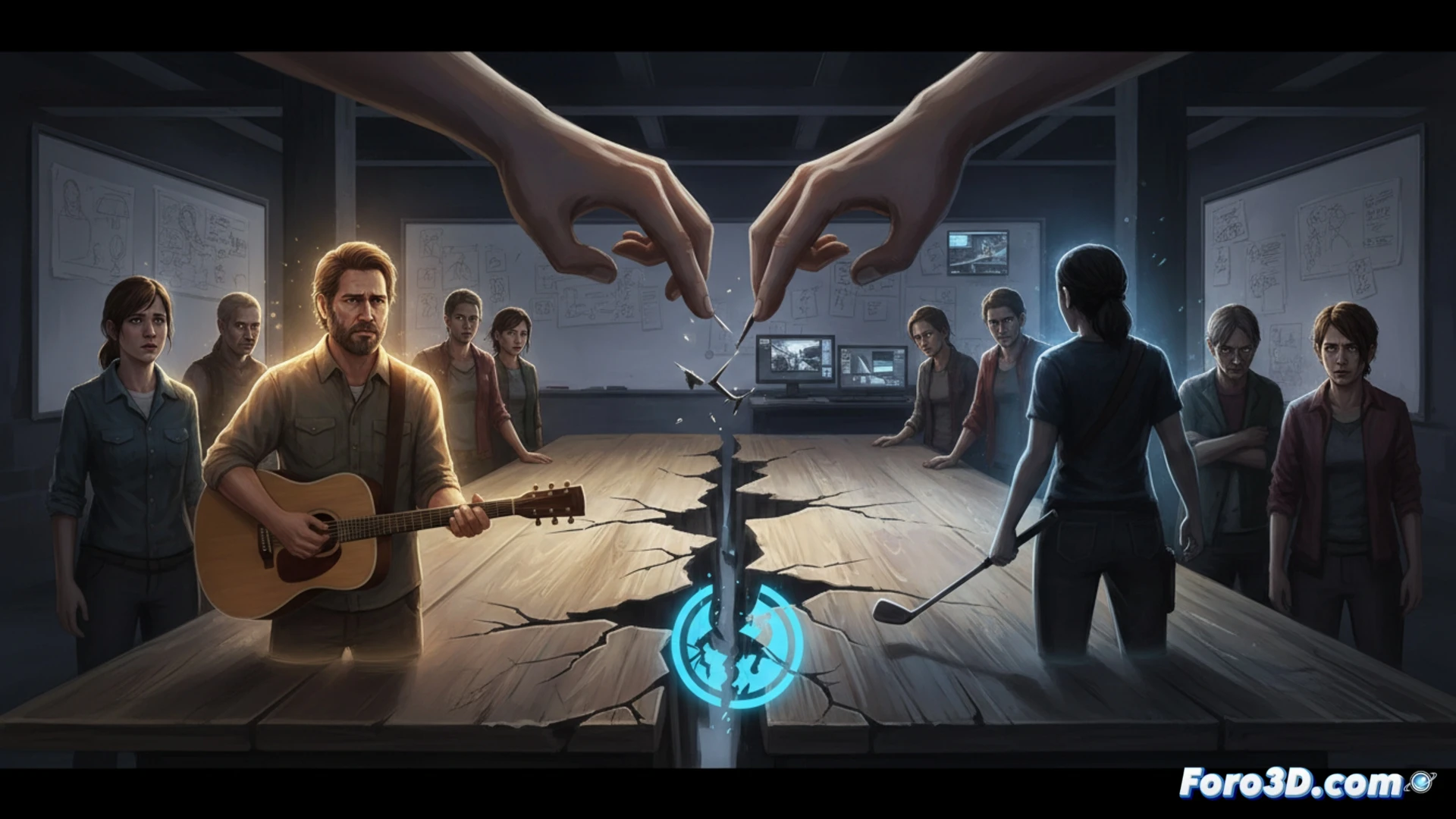 Un primer plano de Joel Miller con mirada seria, partido por una grieta digital brillante. Detrás, logos de Naughty Dog divididos en dos mitades, una roja y otra azul, simbolizando el conflicto interno del estudio.