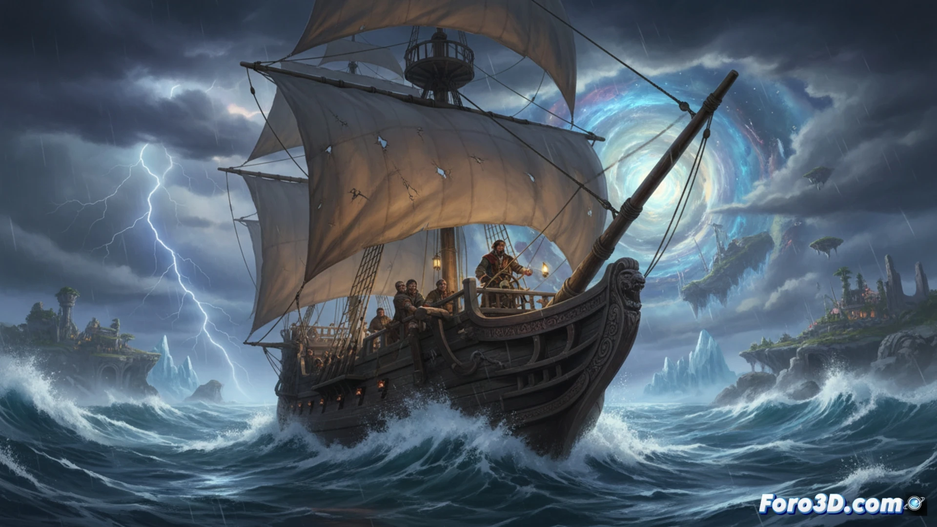 Una nao de madera bajo cielos tormentosos, con velas desgarradas, navega hacia un horizonte brumoso donde el mapa se desvanece.