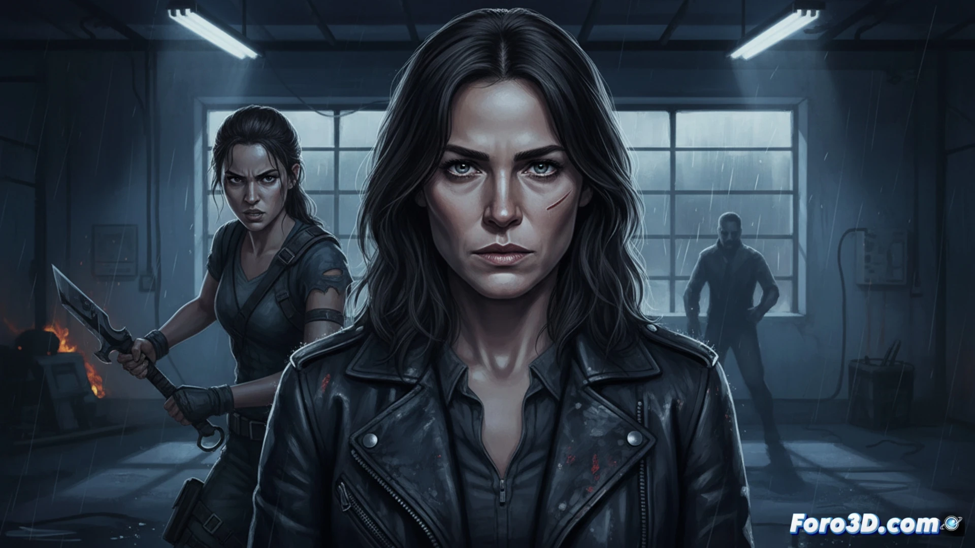 Una mujer con mirada intensa y determinada, lista para la acción y la venganza.