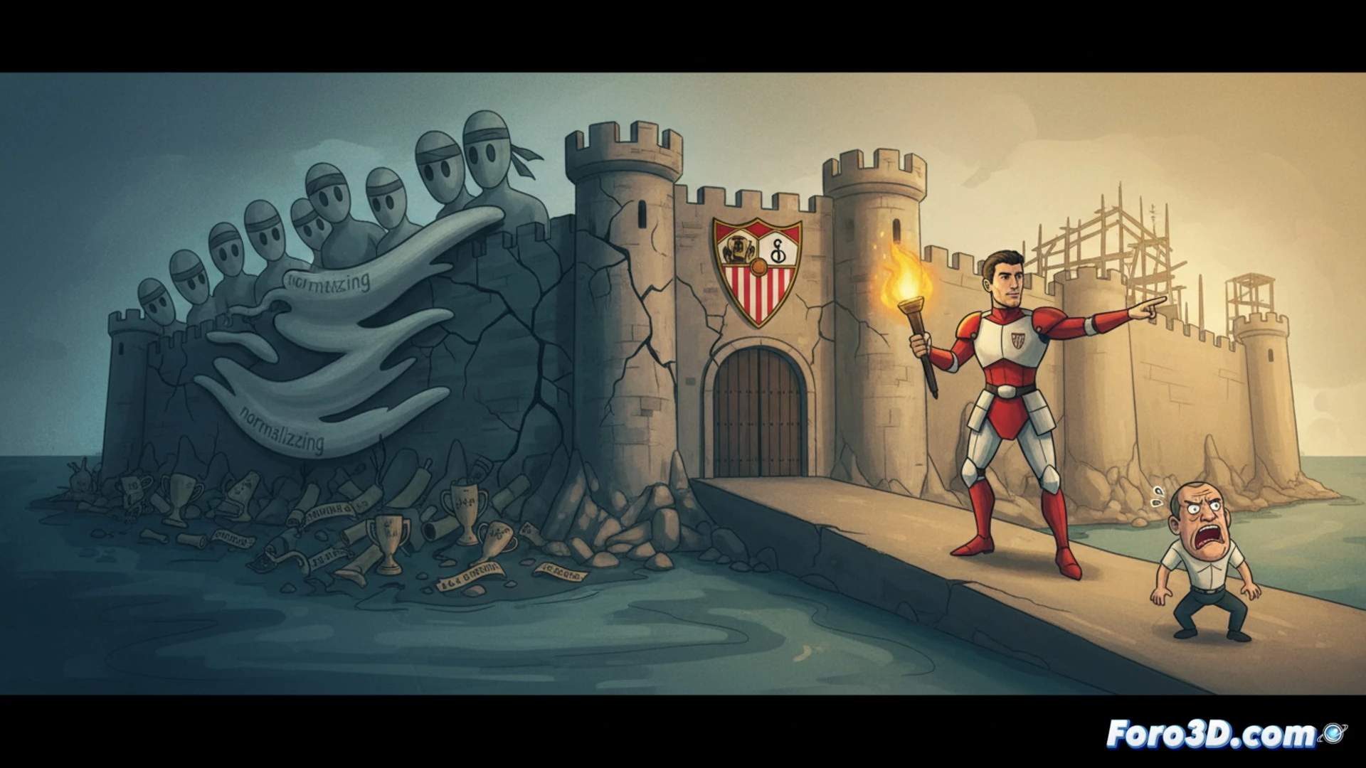 Un estadio de fútbol vacío y sombrío, con asientos desgastados y una bandera del Sevilla caída. En primer plano, un reloj de arena con arena gris casi agotada, simbolizando la resignación. Al fondo, una figura solitaria de Azpilicueta camina con determinación, pero rodeada de neblina y sombras que representan la inercia del club. Tonos apagados y grises refuerzan la atmósfera de normalidad anómala.