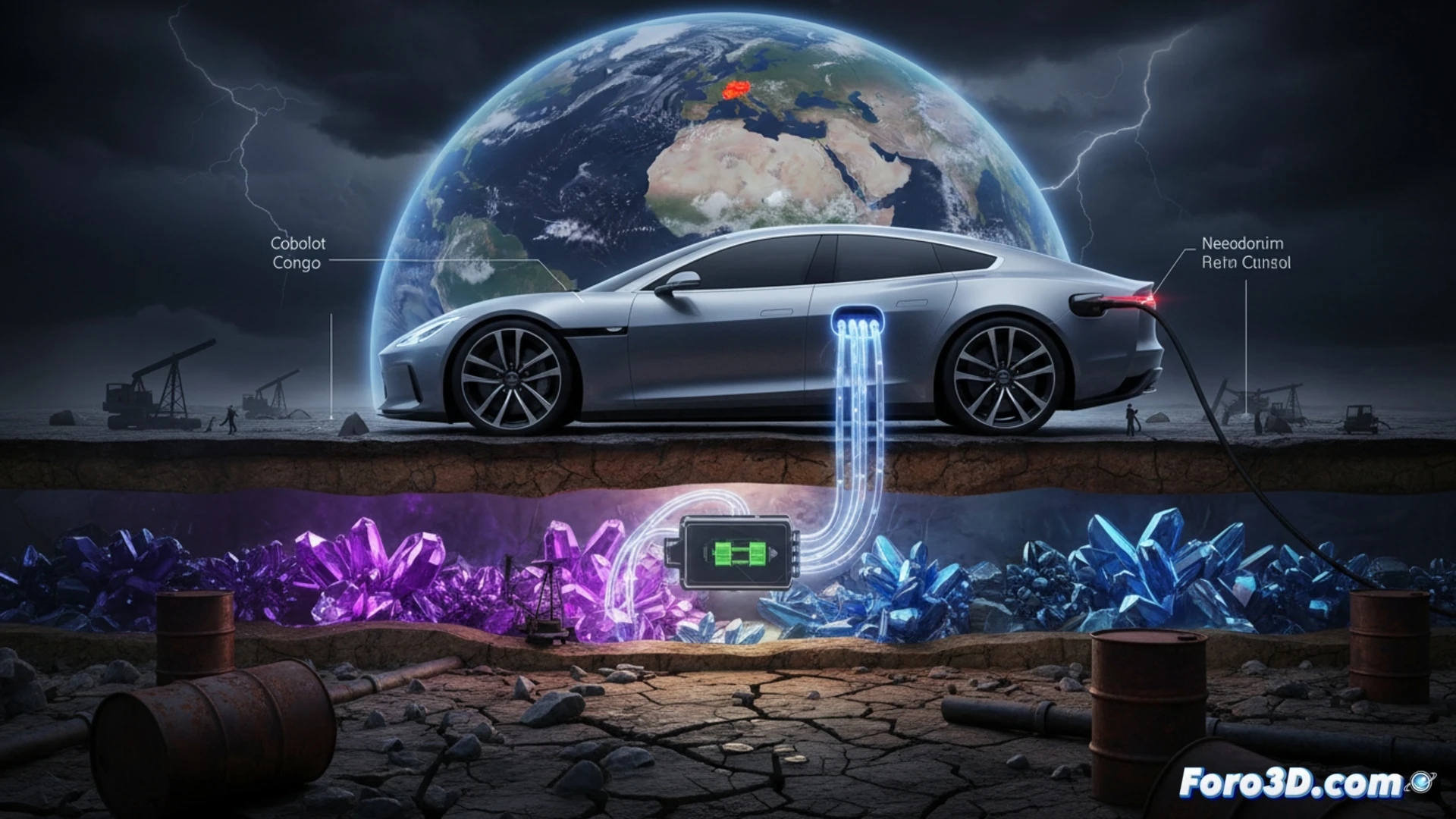 Una mano sostiene una batería eléctrica hecha de minerales extraídos de un mapa mundial fracturado.