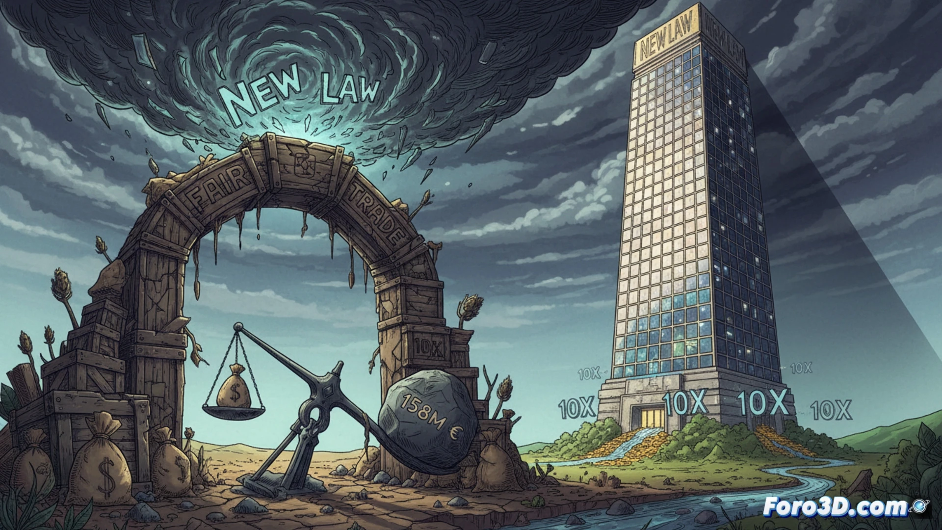 Un comerciante resignado cierra su tienda de comercio justo, mientras una gran sombra de un supermercado se proyecta sobre el local.