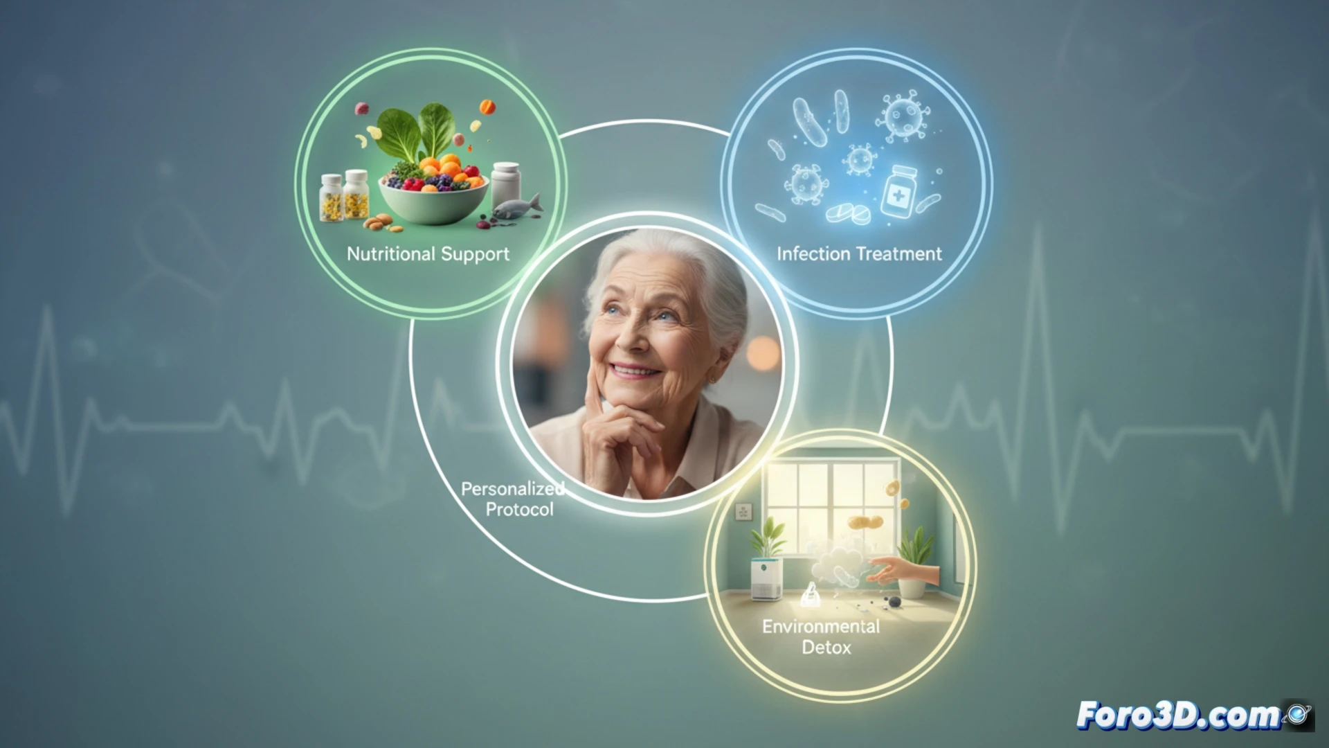 Una doctora ajusta suplementos y dieta a un paciente mayor, mientras gráficos cerebrales muestran mejora cognitiva.