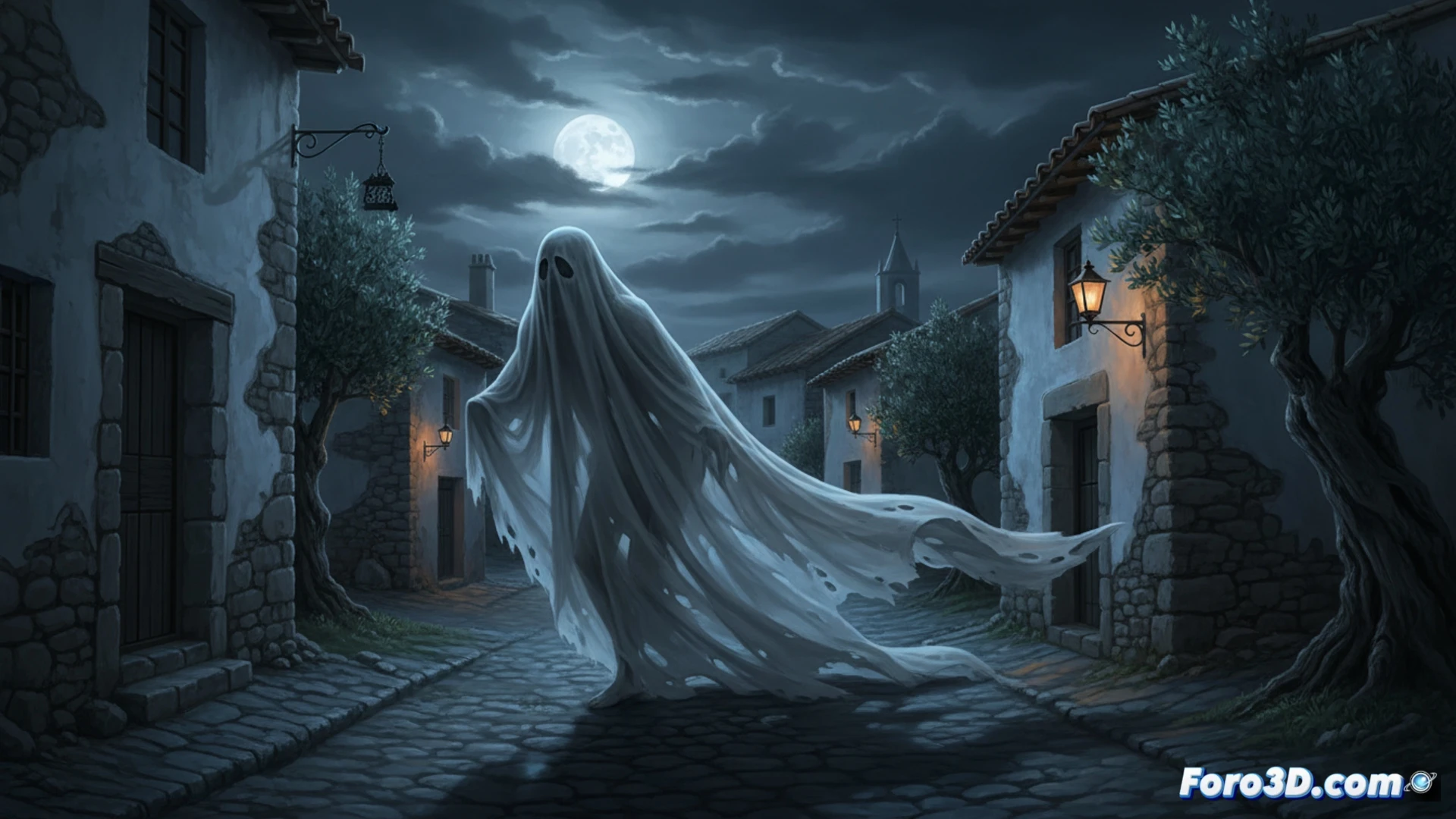 Una figura alta y fantasmal envuelta en sábanas blancas, deambulando de noche por un camino rural extremeño.