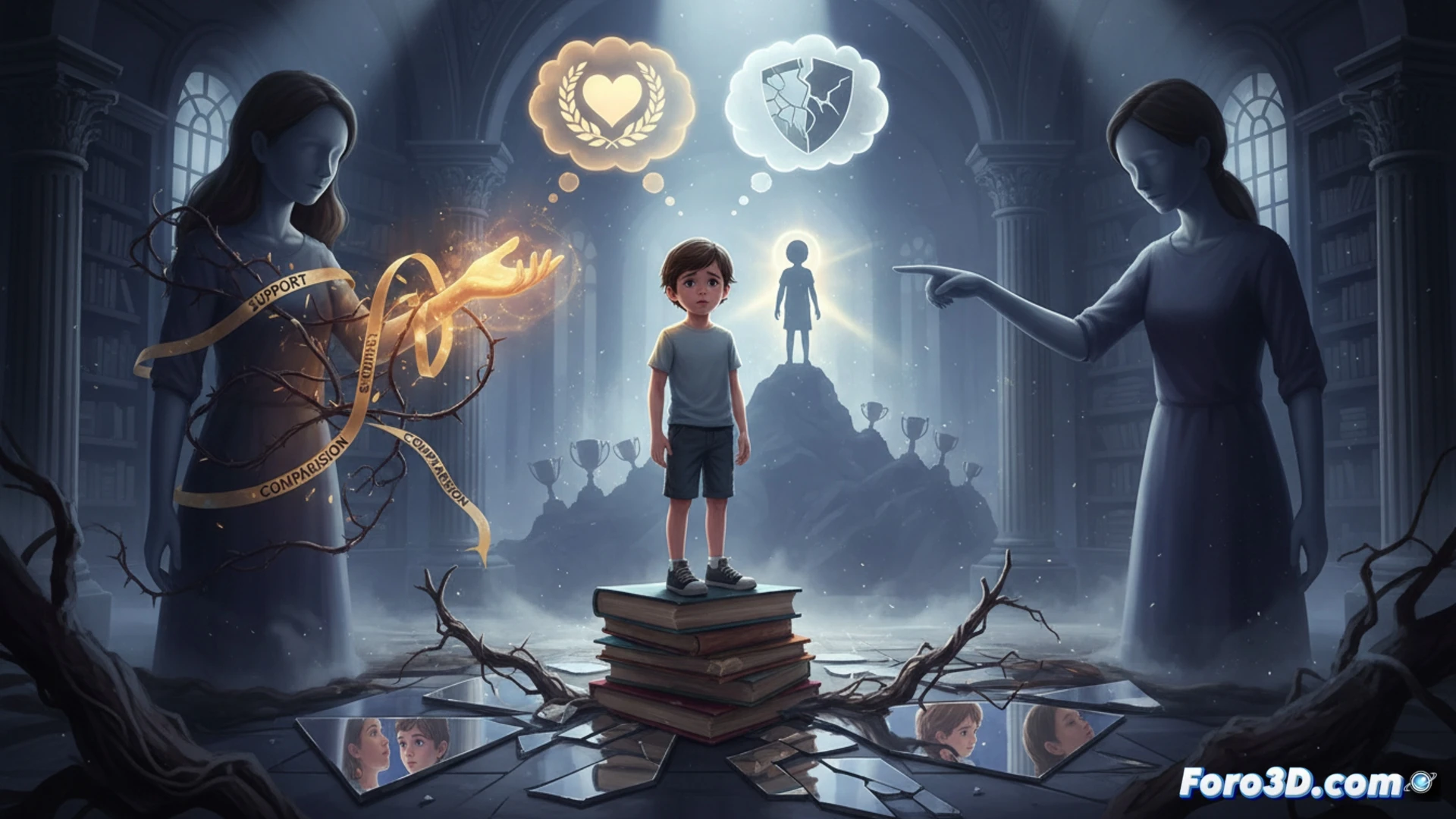 Una mano adulta sostiene dos fotos, una de un niño sonriente y otra de un niño con logros, creando una sombra de duda en el rostro infantil.