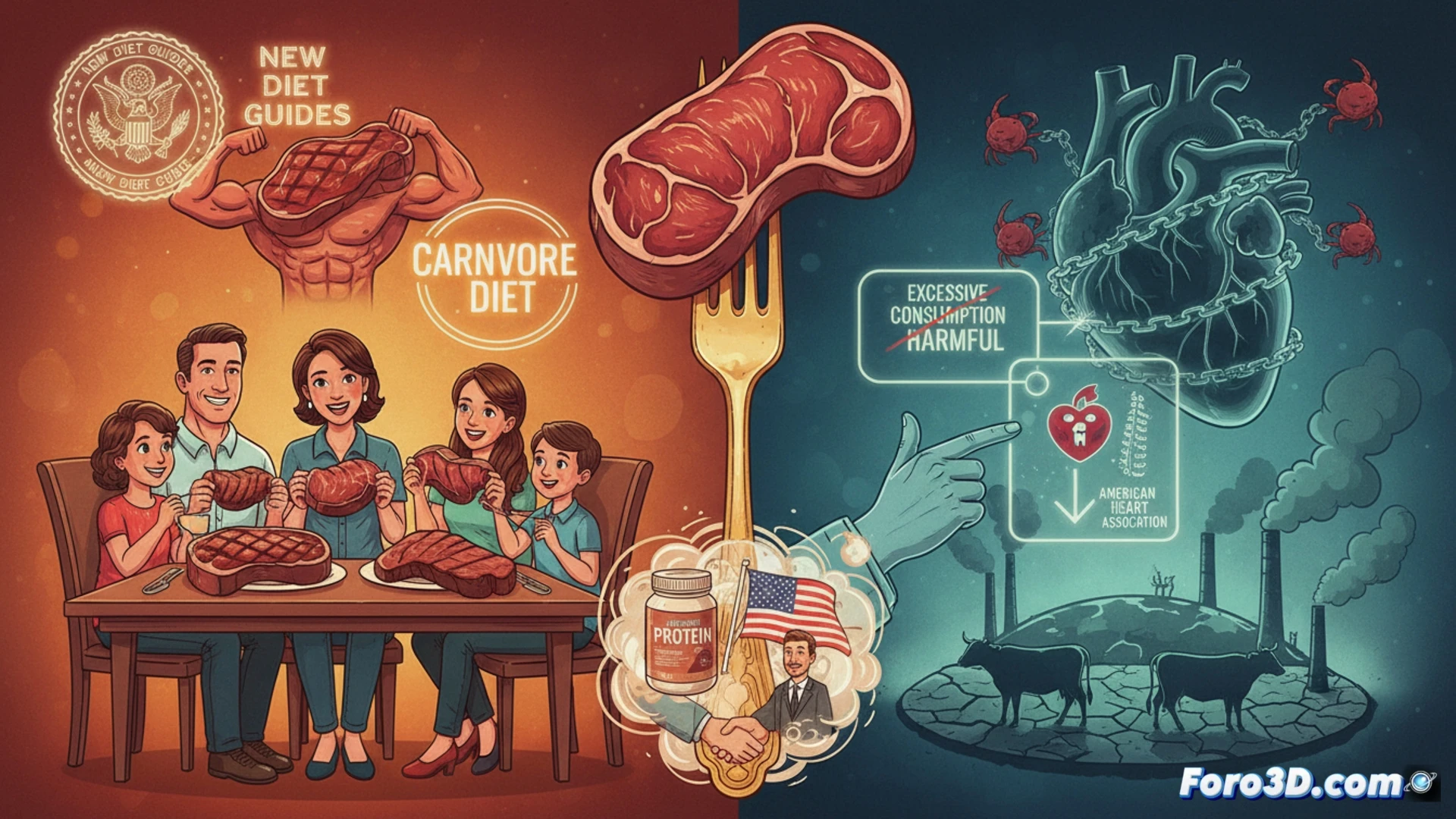Una báscula con un filete y un corazón, sobre gráficos contradictorios de consumo y salud.