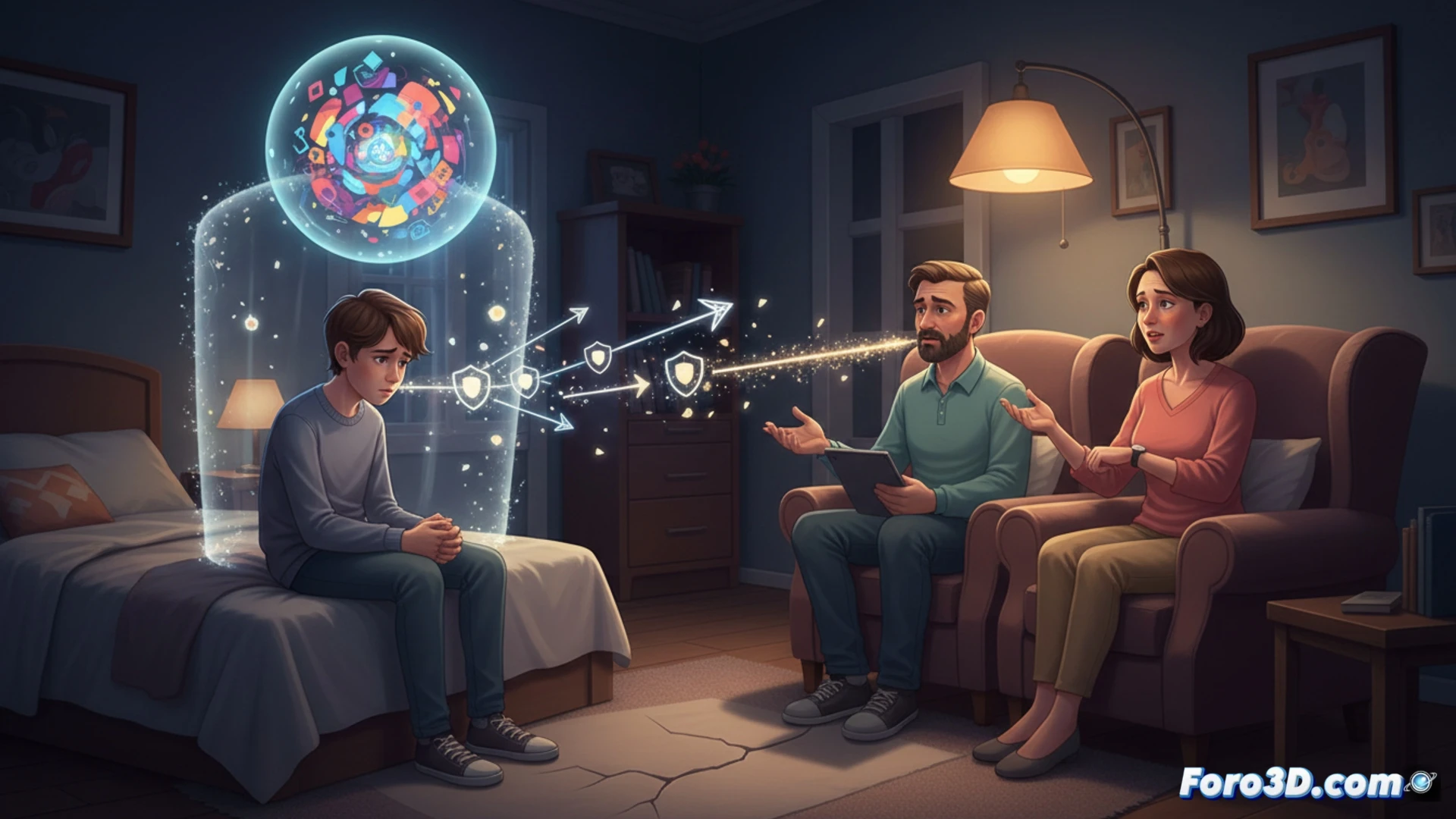 Un adolescente con expresión vulnerable habla, mientras sus padres, distraídos, ofrecen respuestas superficiales y evitan su mirada.