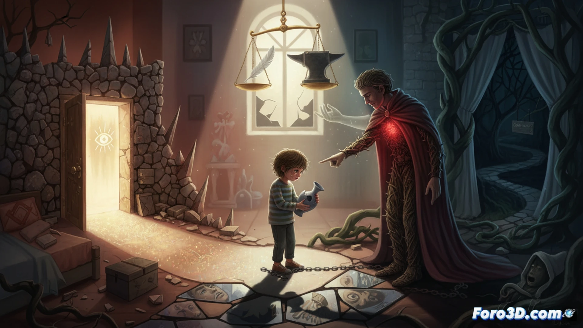 Un niño mira con temor a un adulto, tras haber confesado un error. Su gesto muestra la paradoja: la honestidad trae castigo, no alivio.