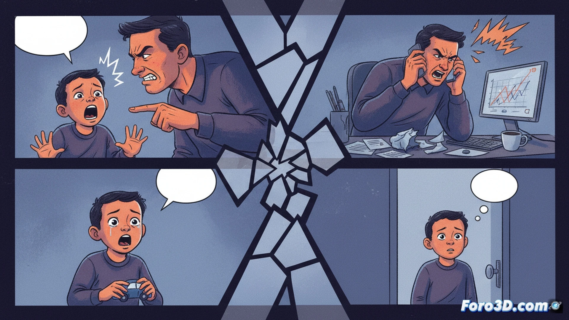 Un padre grita a su computadora mientras su hijo observa con sorpresa, sosteniendo un control de videojuegos.