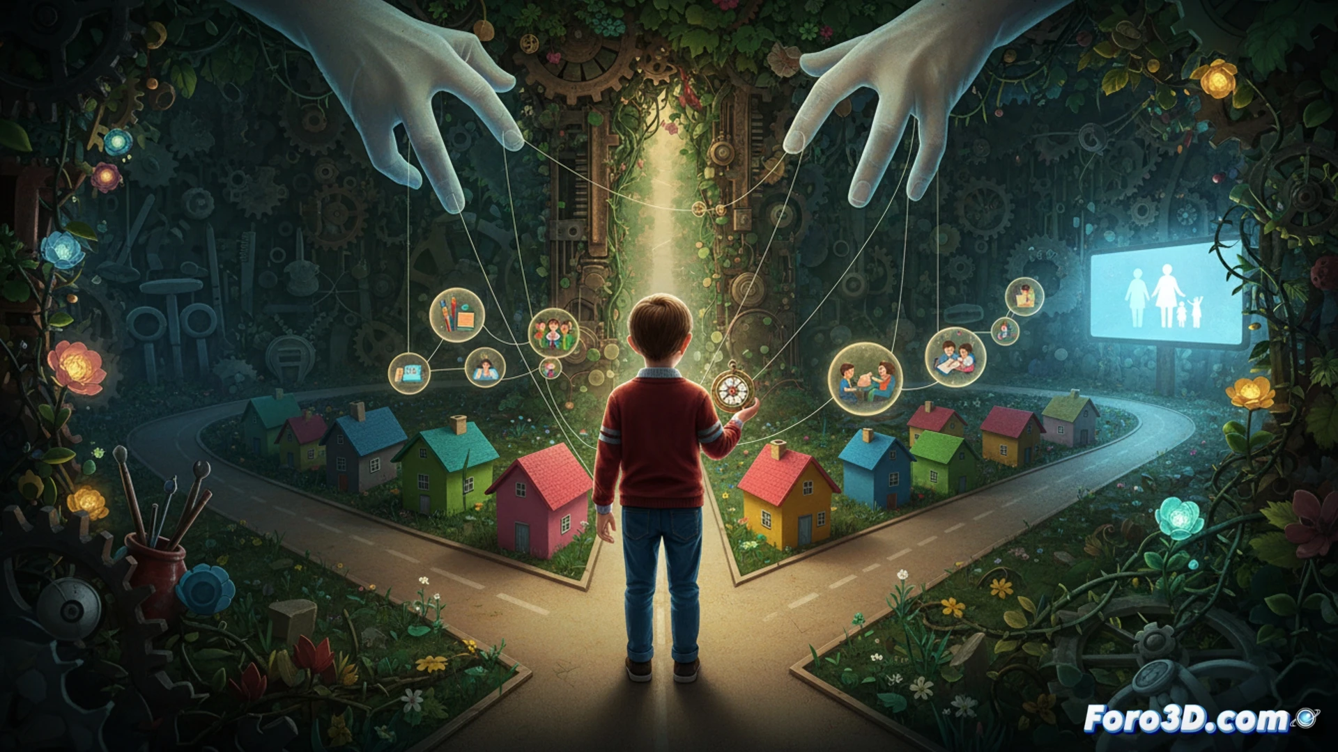 Un niño mira dos camisetas, mientras una mano adulta señala cuál debe elegir.