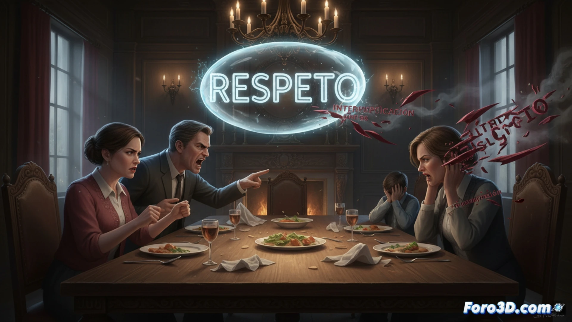 Un padre grita a su hijo, quien intenta hablar con calma, mostrando la contradicción en la comunicación familiar.