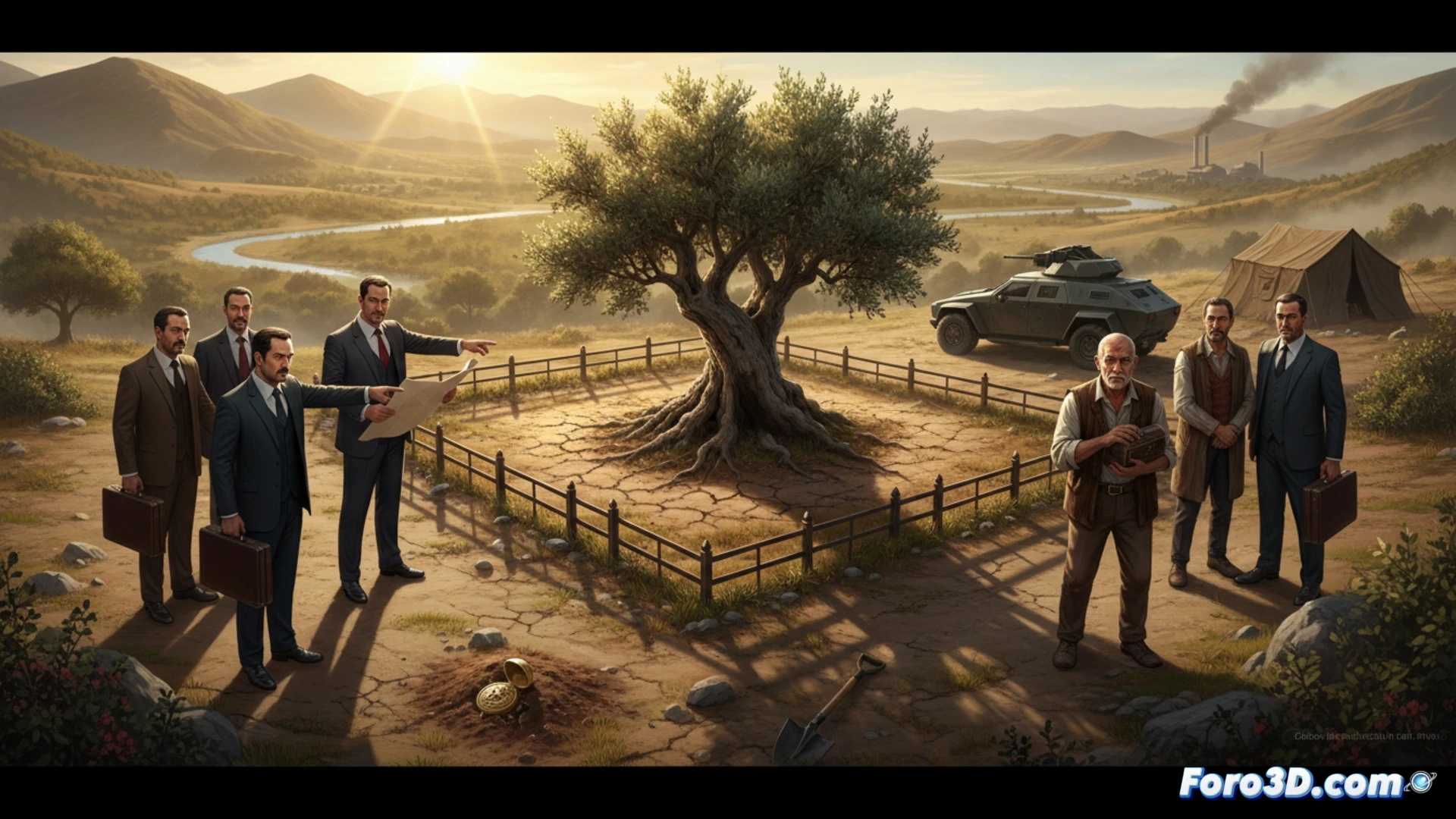 DESCRIPCIÓN: Un terreno árido y polvoriento, rodeado de vallas oxidadas, con sombras alargadas de figuras humanas enfrentadas bajo un cielo tormentoso.