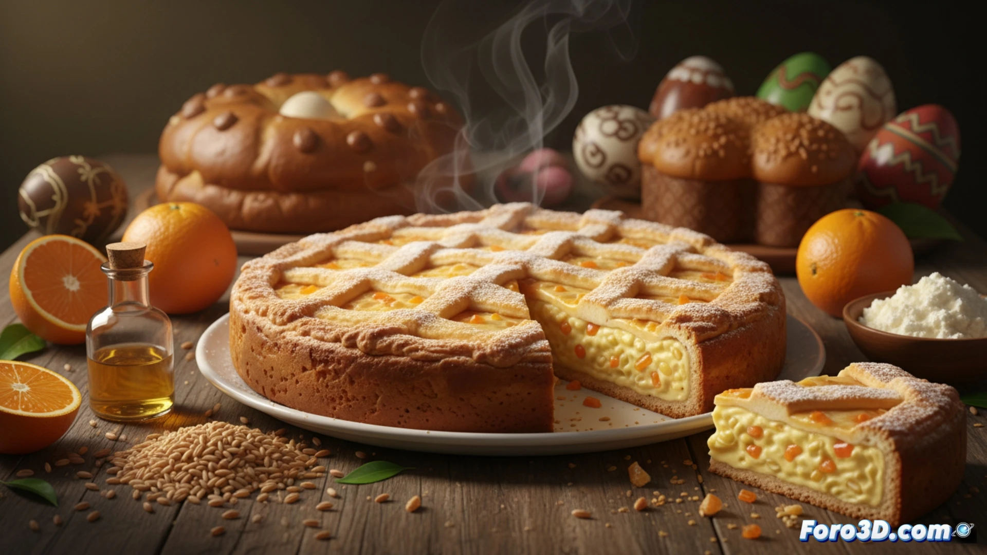 Una pastiera napolitana tradicional, con su relleno cremoso de ricotta y grano, sobre una mesa festiva decorada con flores de azahar.