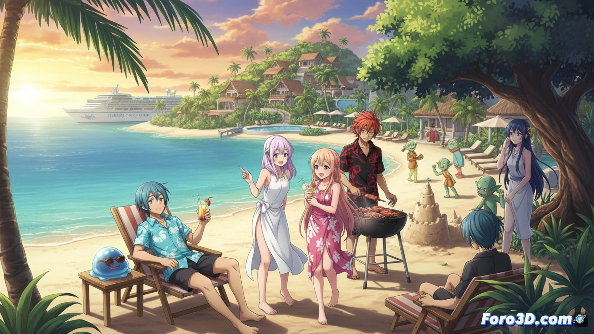 Una escena vibrante de Rimuru y sus aliados en una playa tropical, con la misteriosa Yura observando a lo lejos.