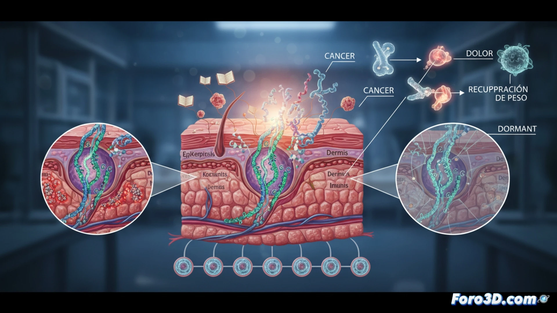 Una mano con piel inflamada, mostrando patrones de memoria celular y marcas epigenéticas brillantes.