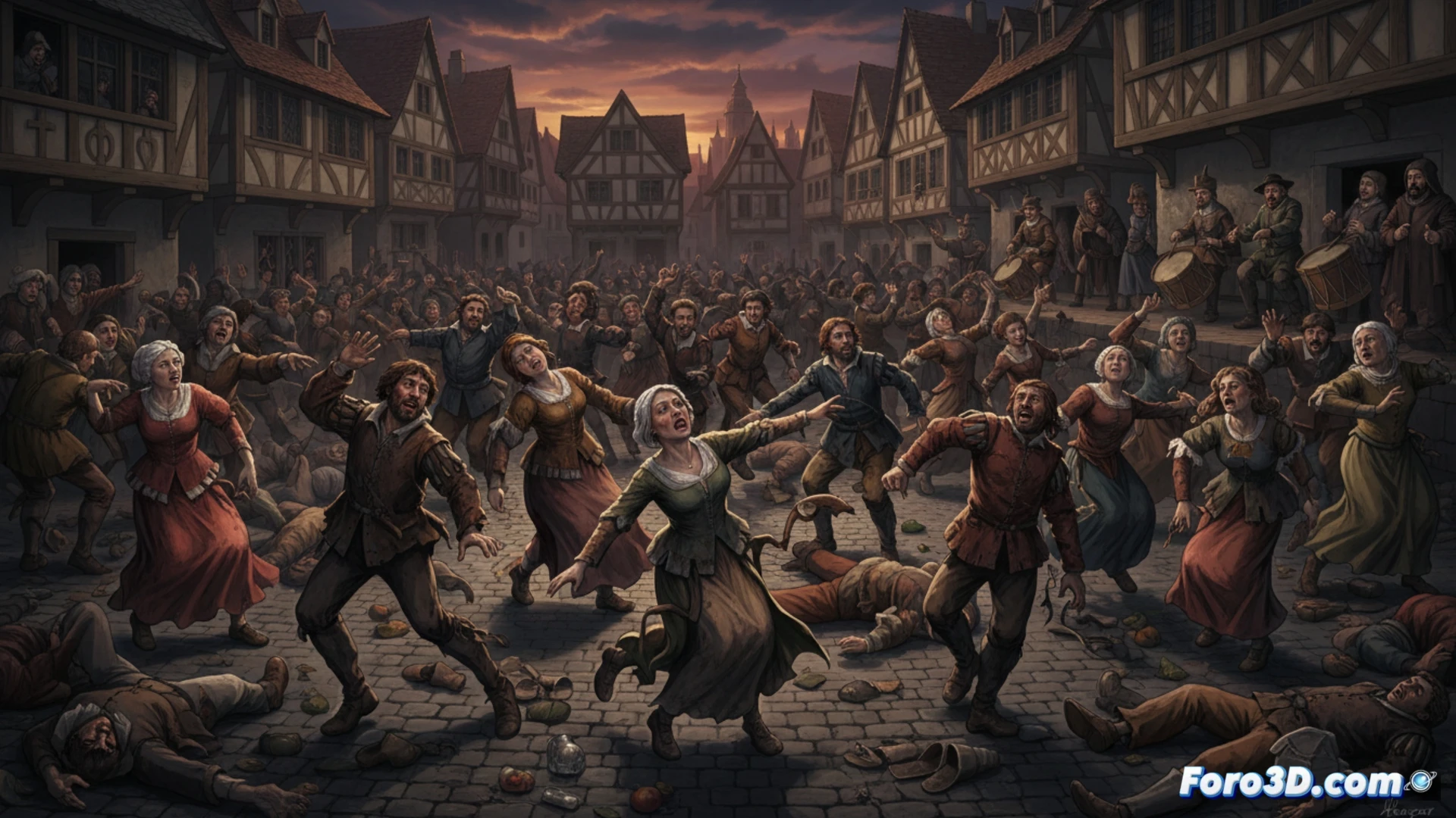 Modelo 3D de la propagación de la plaga de baile en el mapa histórico de Estrasburgo, mostrando focos y rutas.