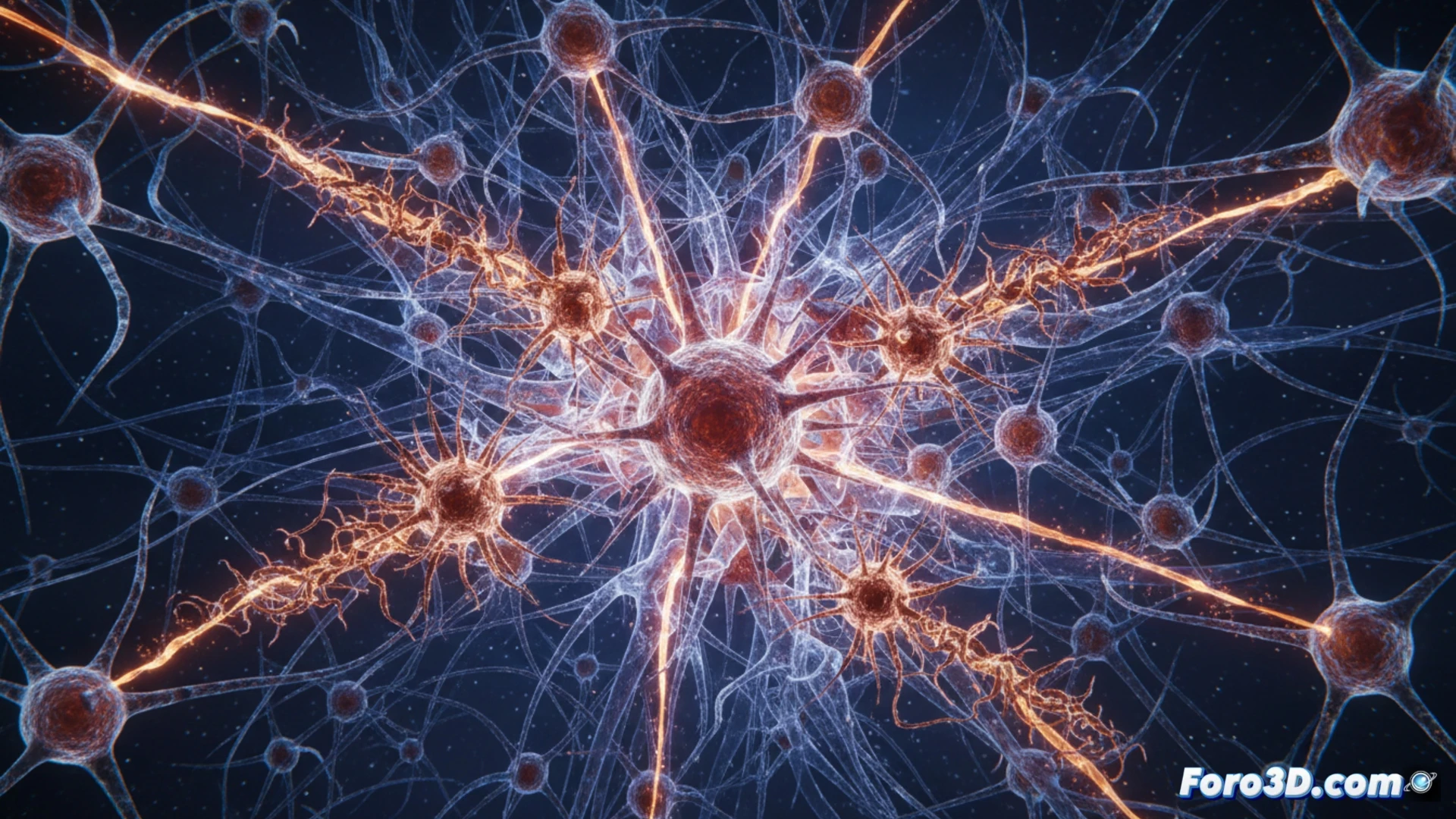 Una neurona liberando proteínas tau patológicas que viajan por su axón hacia la sinapsis.