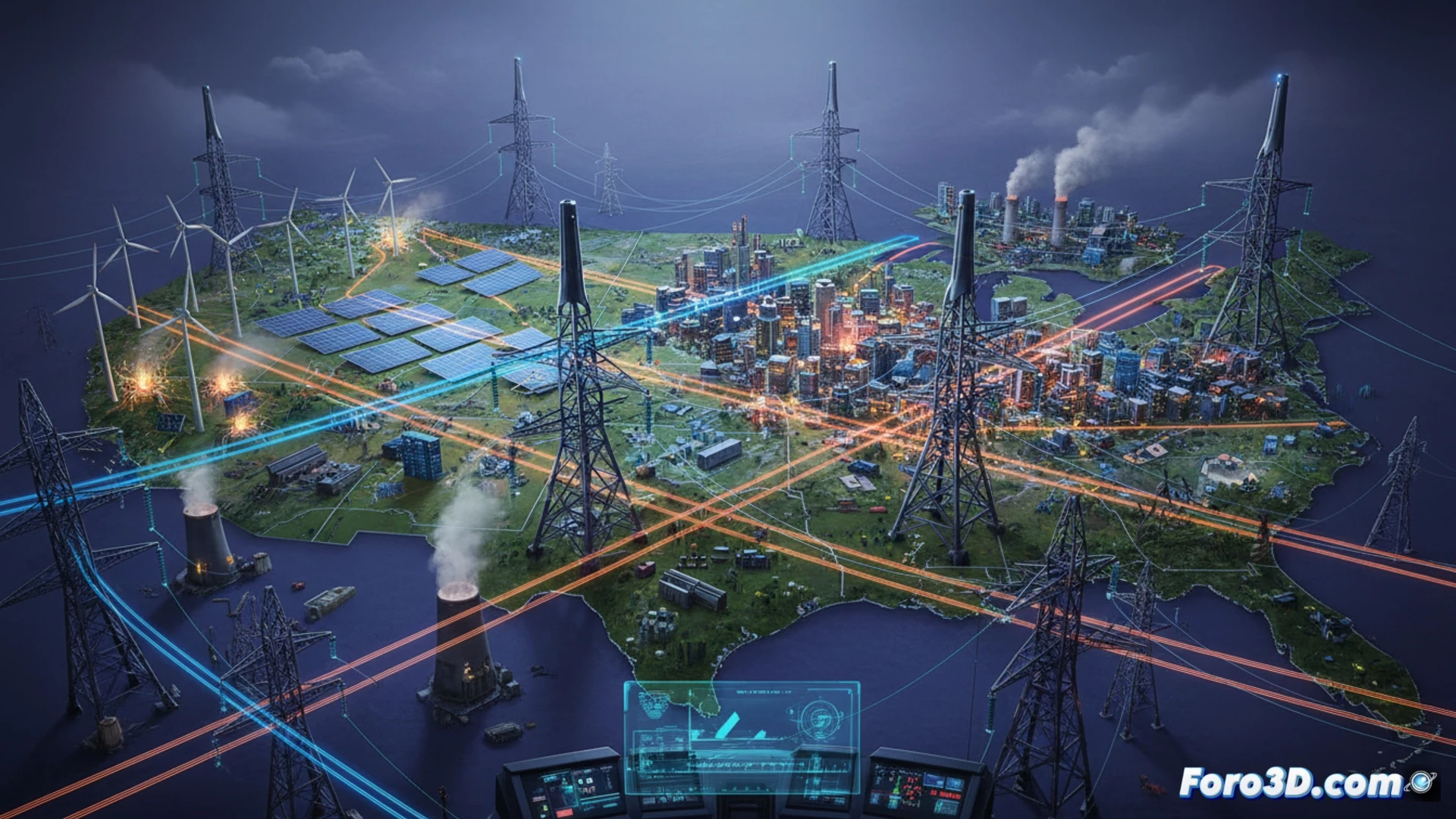 Una superautopista eléctrica conecta parques eólicos y solares distantes con ciudades iluminadas.