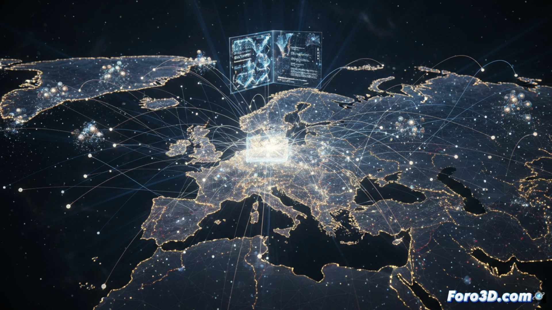 Un paisaje de datos 3D donde las cartas de Lutero forman nodos y conexiones, visualizando la red de la Reforma.
