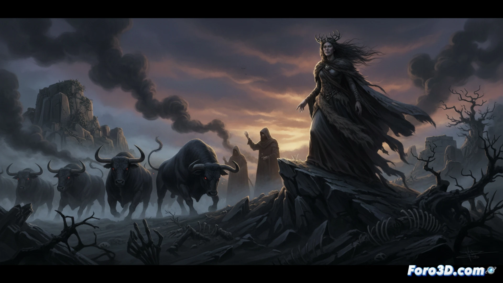 Una reina pagana observa a dos toros bravos, ahora dóciles, tirando del carro con los discípulos y el cuerpo del Apóstol.