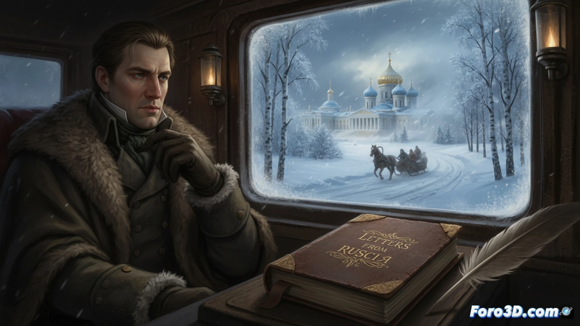 Un mapa 3D de las rutas de suministro globales de Rusia, superpuesto con un retrato histórico del marqués de Custine.