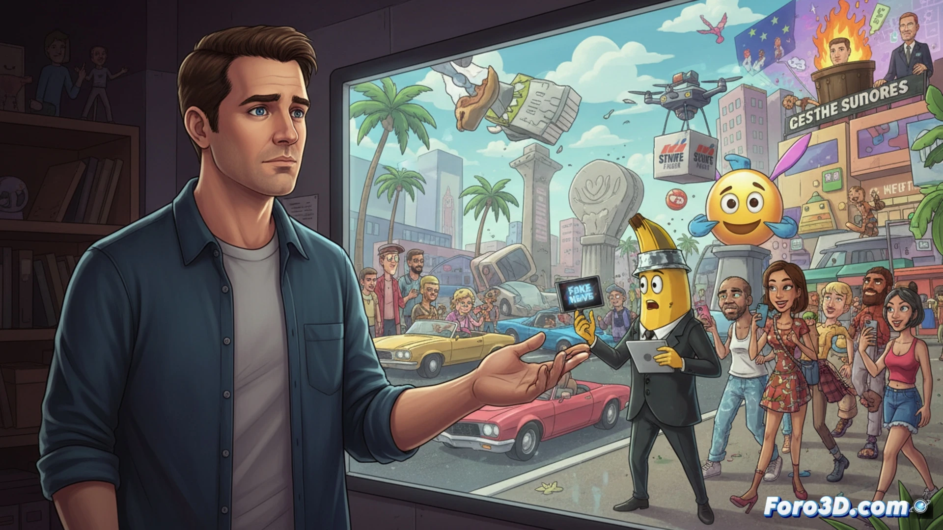 Un hombre reflexiona frente a un mundo absurdo, donde la sátira de un videojuego se diluye con la realidad.