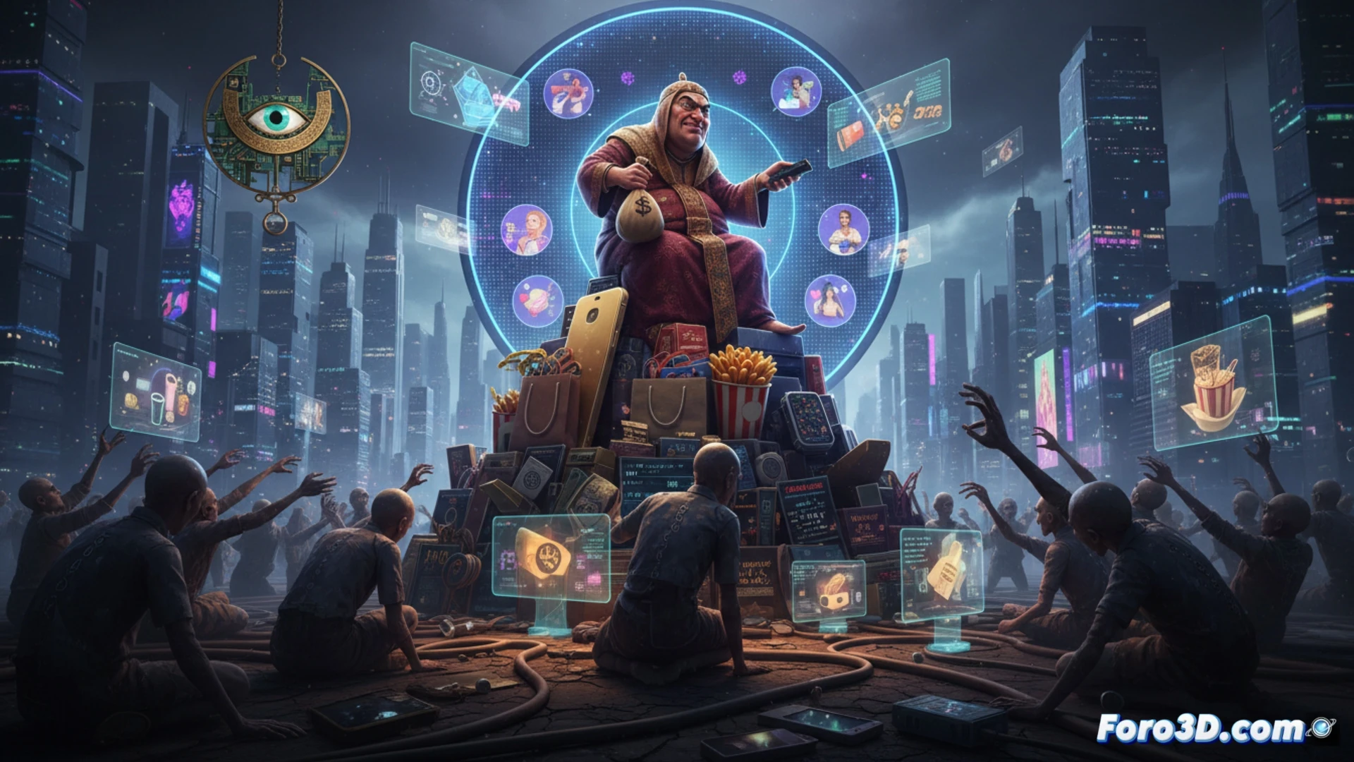 Una escultura 3D grotesca de un ejecutivo devorando monedas, en un estilo que mezcla lo barroco y lo digital.