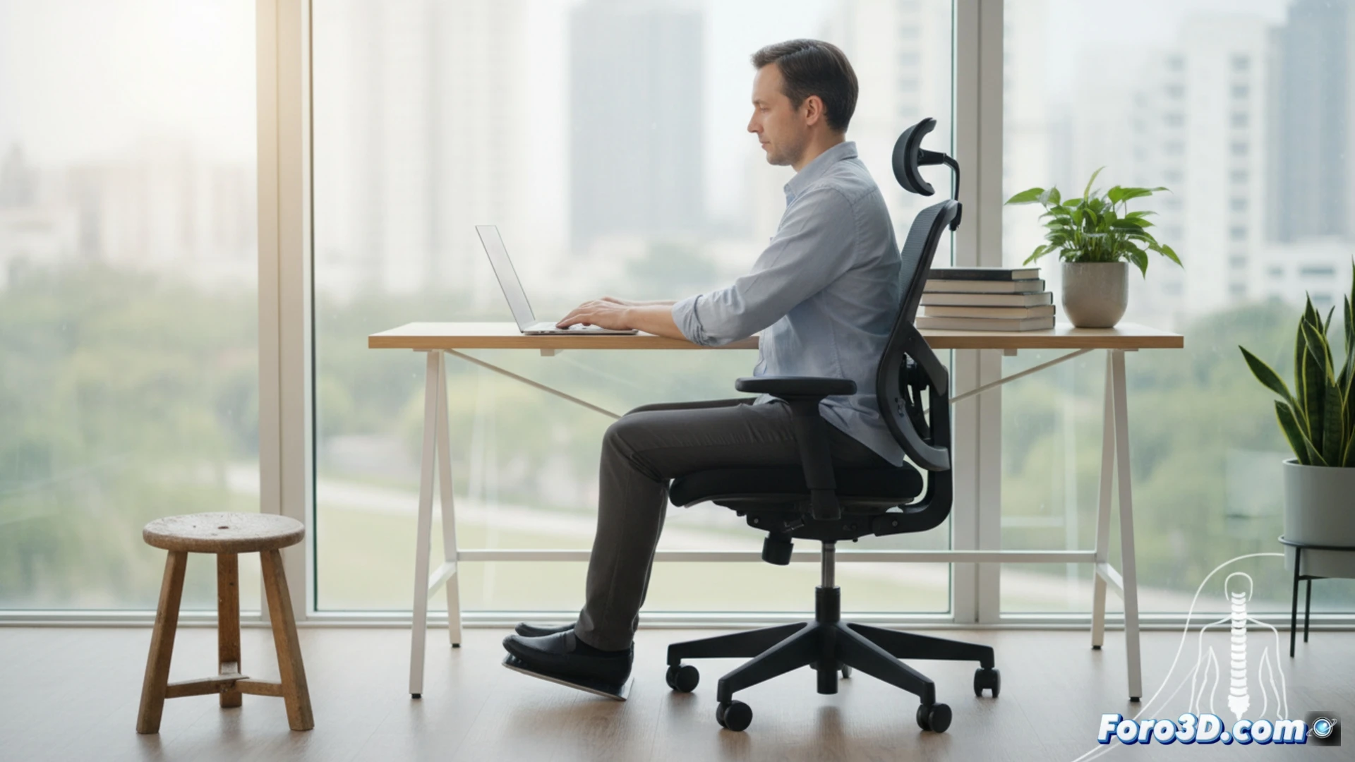 Una silla ergonómica negra, con soporte lumbar curvo y reposabrazos ajustables, domina la escena. Frente a ella, una silla plegable barata y oxidada está rota en el suelo. Sobre la buena silla descansa un portátil brillante; billetes de euro caen de su respaldo, simbolizando ahorro. Luces cálidas destacan la calidad del material.