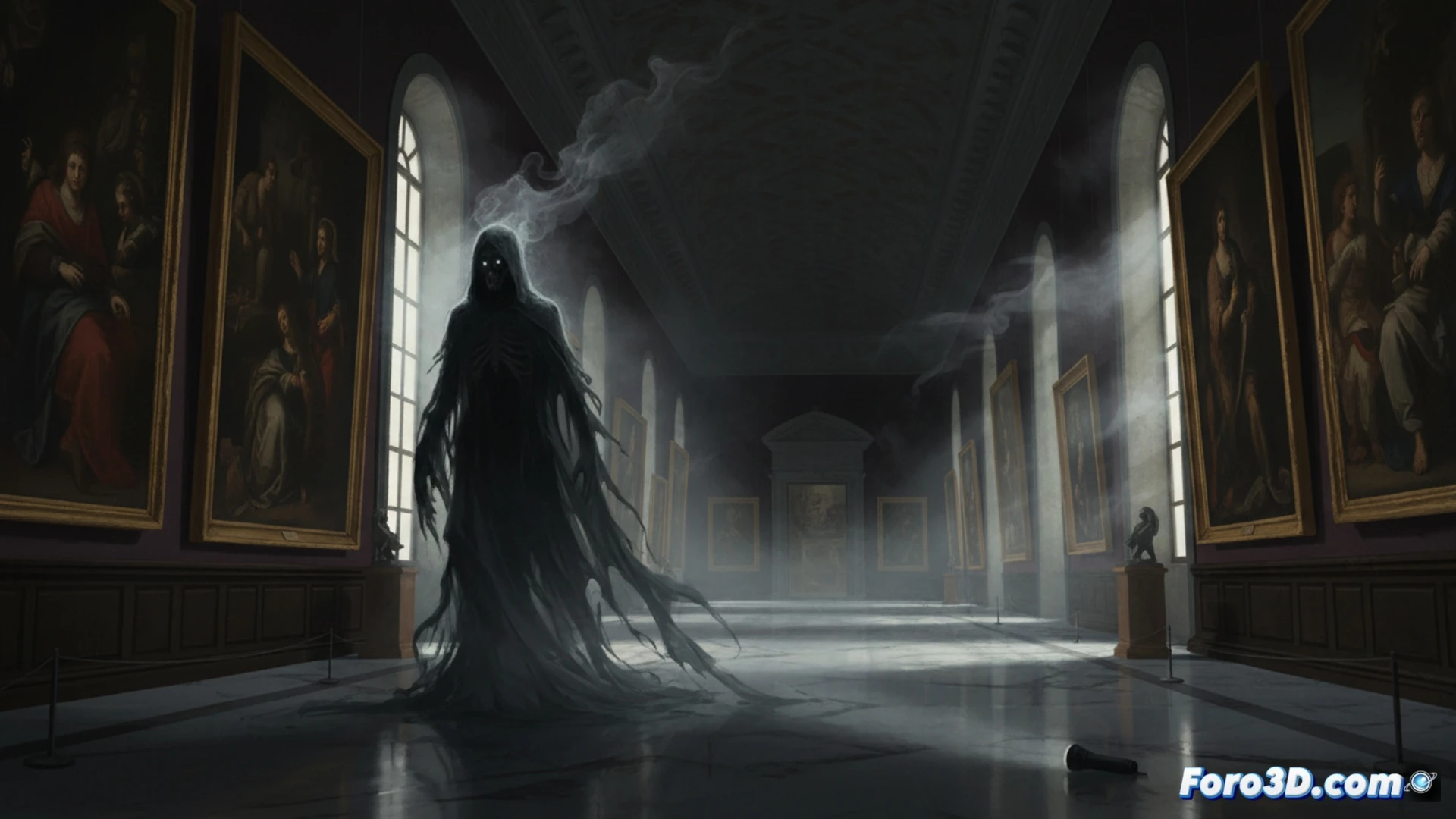 Una figura oscura entre cuadros barrocos en las salas vacías del antiguo convento.