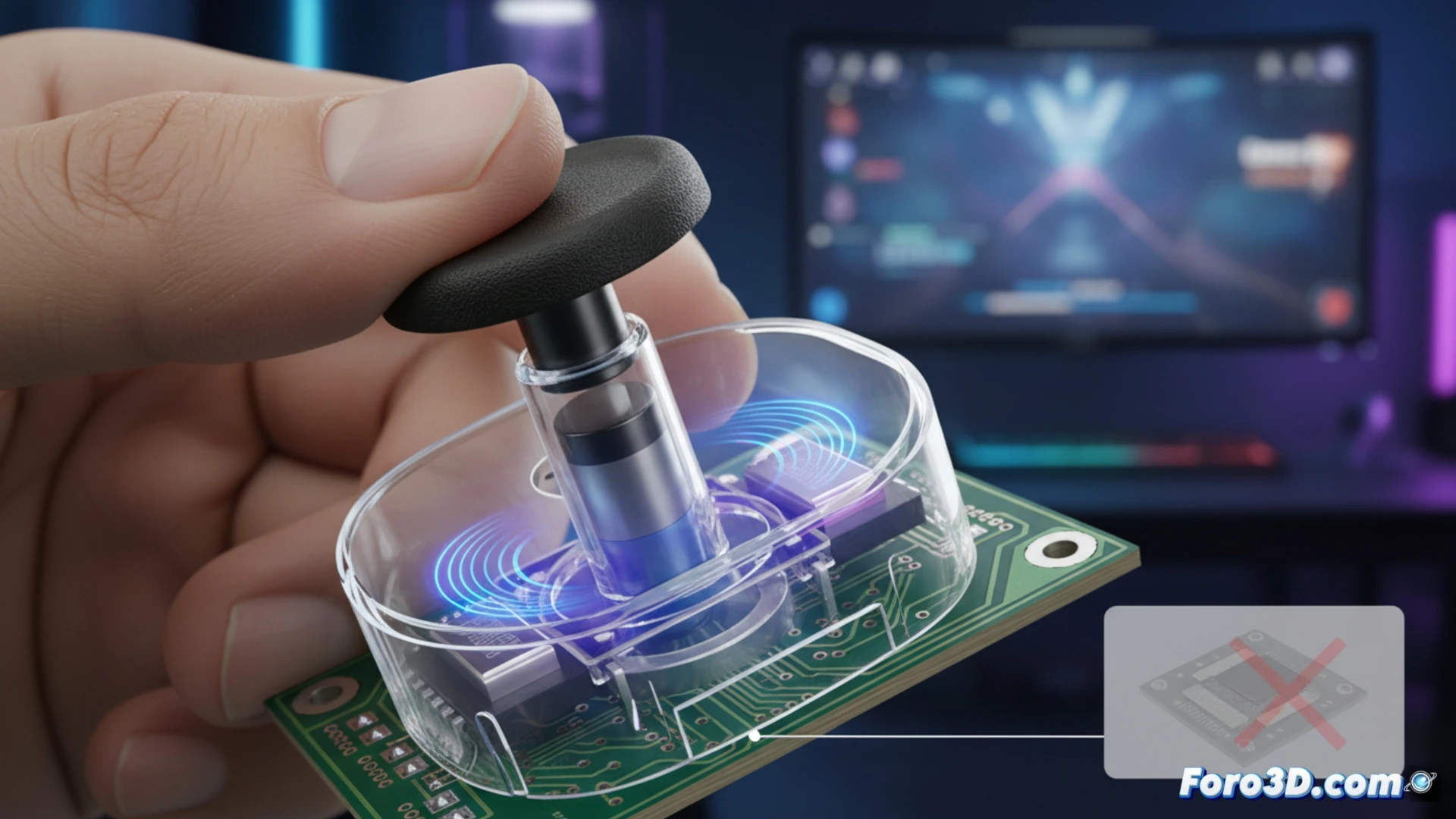 Vista en primer plano de un mando de consola abierto, mostrando sus joysticks analógicos. A la izquierda, un joystick con piezas metálicas desgastadas y sucias (drift). A la derecha, un joystick con sensores Hall Effect imantados y limpios, sin contacto físico, rodeado de un sutil resplandor azul tecnológico.