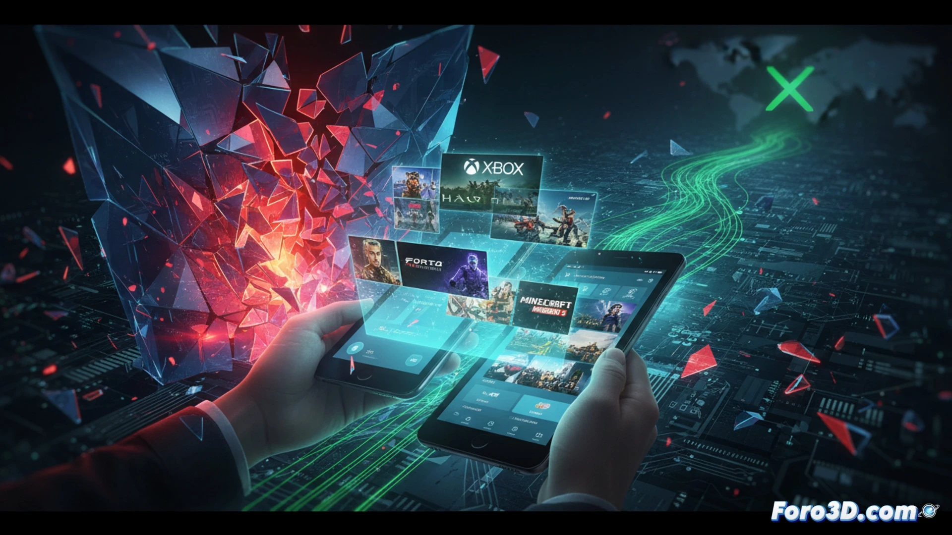 Un teléfono móvil muestra iconos de App Store y Play Store como muros, con el logo de Xbox bloqueado tras ellos.