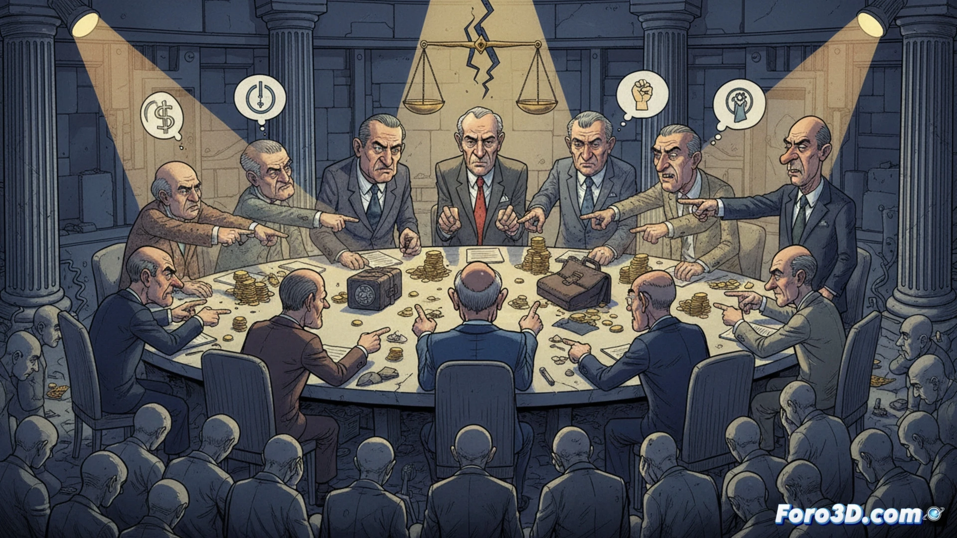 Una multitud observa, con rostros tristes y desilusionados, un escenario político vacío donde solo hay gritos cruzados y sombras de intereses.