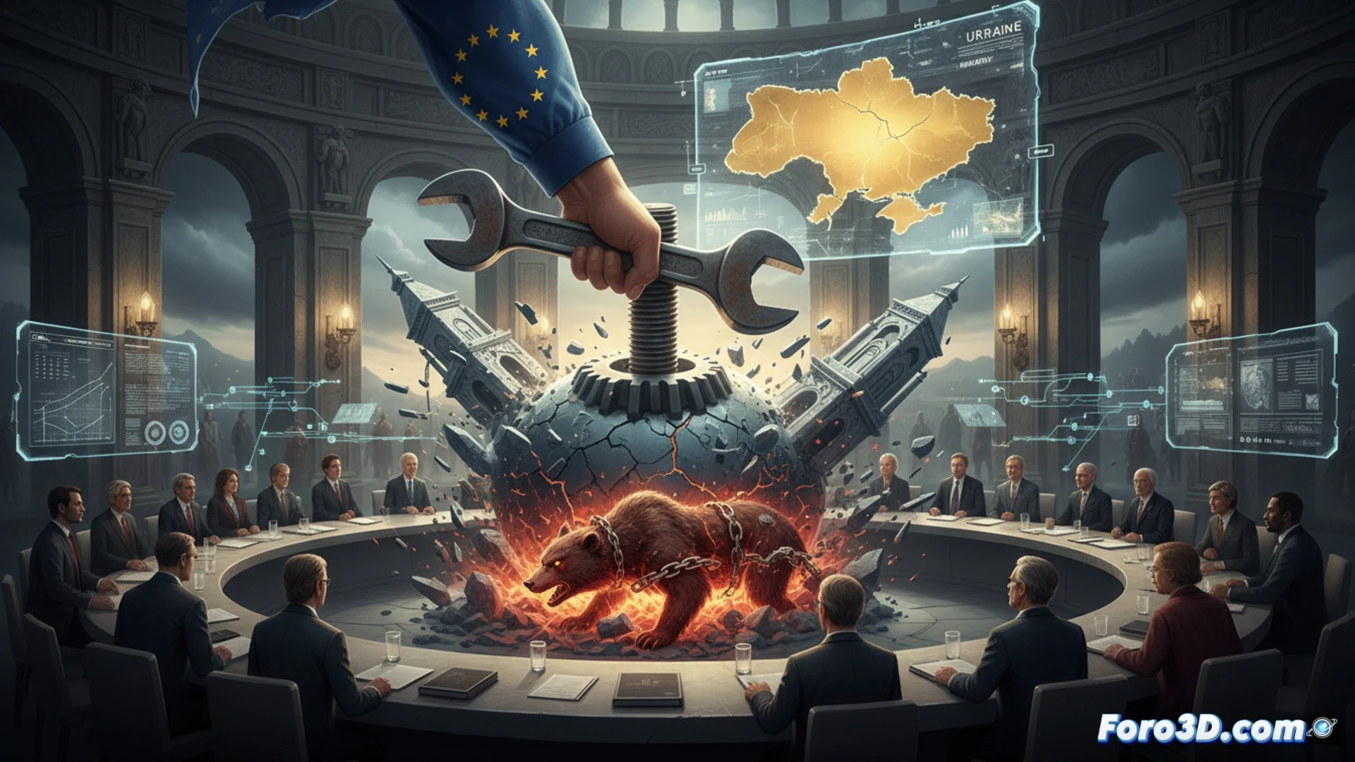 Líderes europeos en Chipre, con un mapa de Ucrania y un engranaje apretando un grifo de gas ruso.