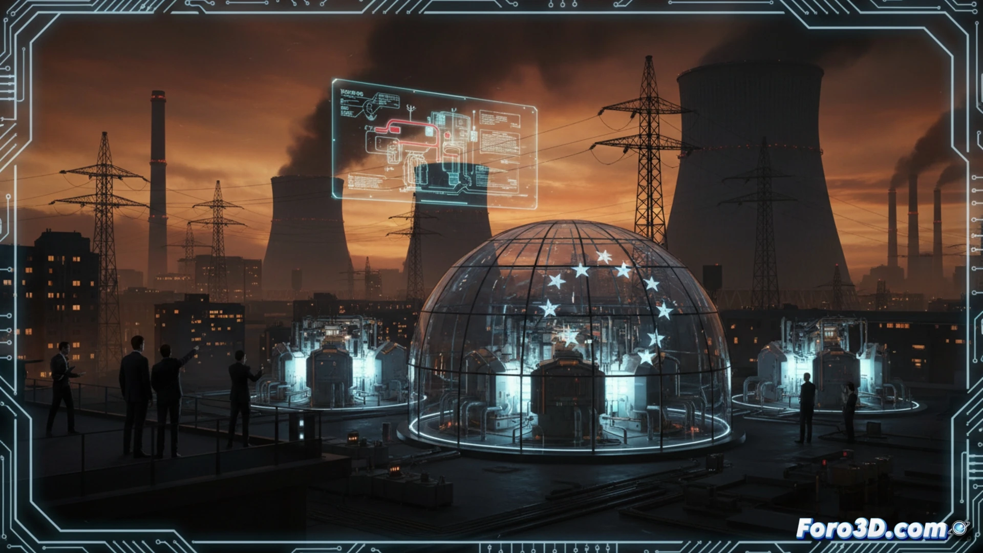 Una central nuclear futurista con reactores modulares pequeños en construcción, símbolo de la nueva apuesta energética europea.