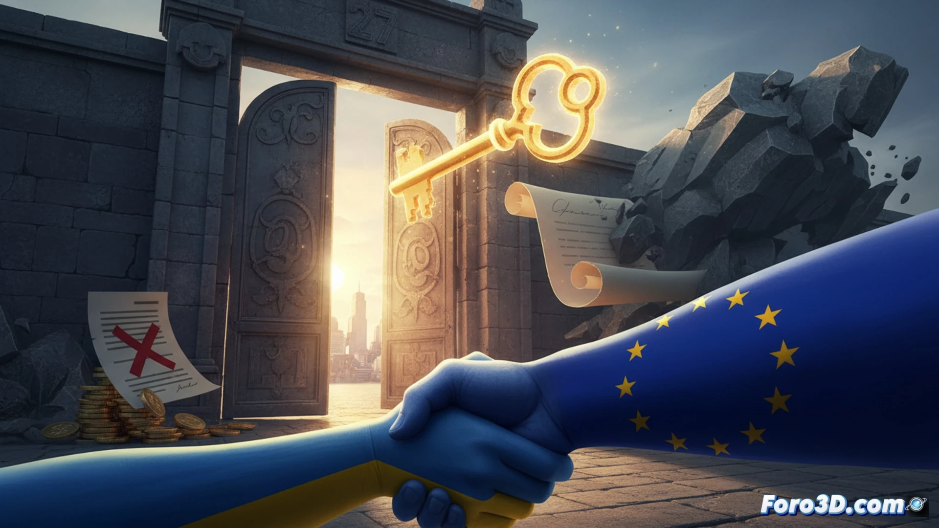 Bandera de Ucrania junto a la de la UE en una sala de reuniones, con líderes europeos estrechando manos.