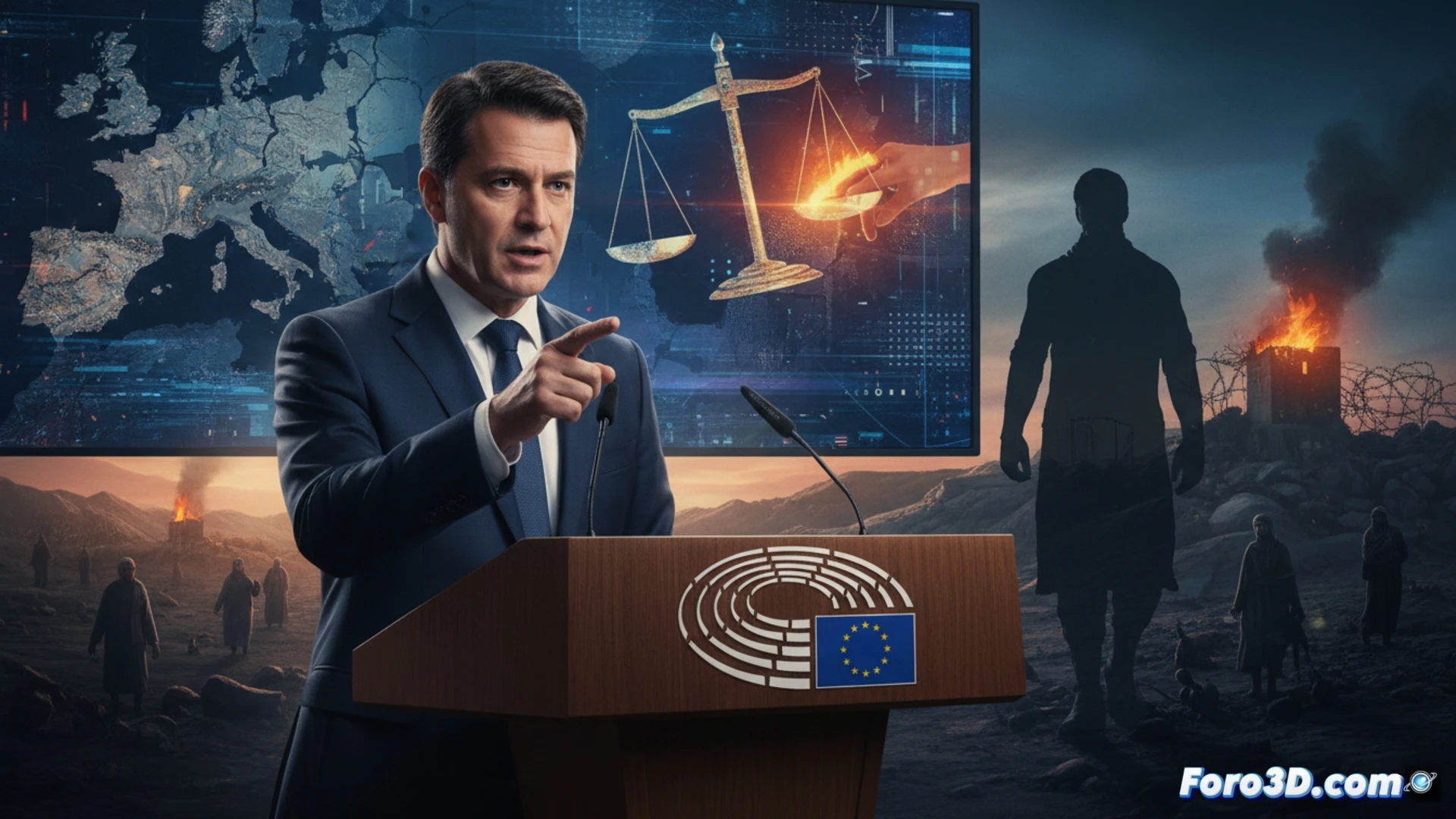 Un mapa de Cisjordania con un muro, colonos en jeeps y llamas; al fondo, una bandera de la UE y un documento de sanciones.