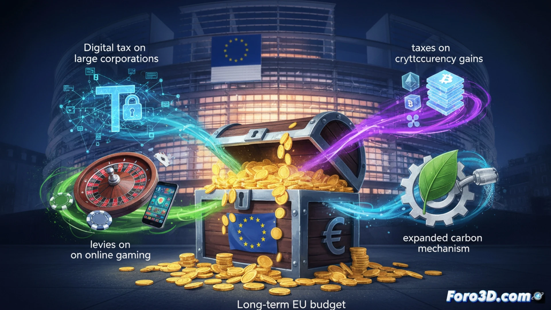 Un mapa de la UE con monedas digitales y chips tecnológicos, rodeado de gráficos de impuestos y carbono, simbolizando el nuevo presupuesto.