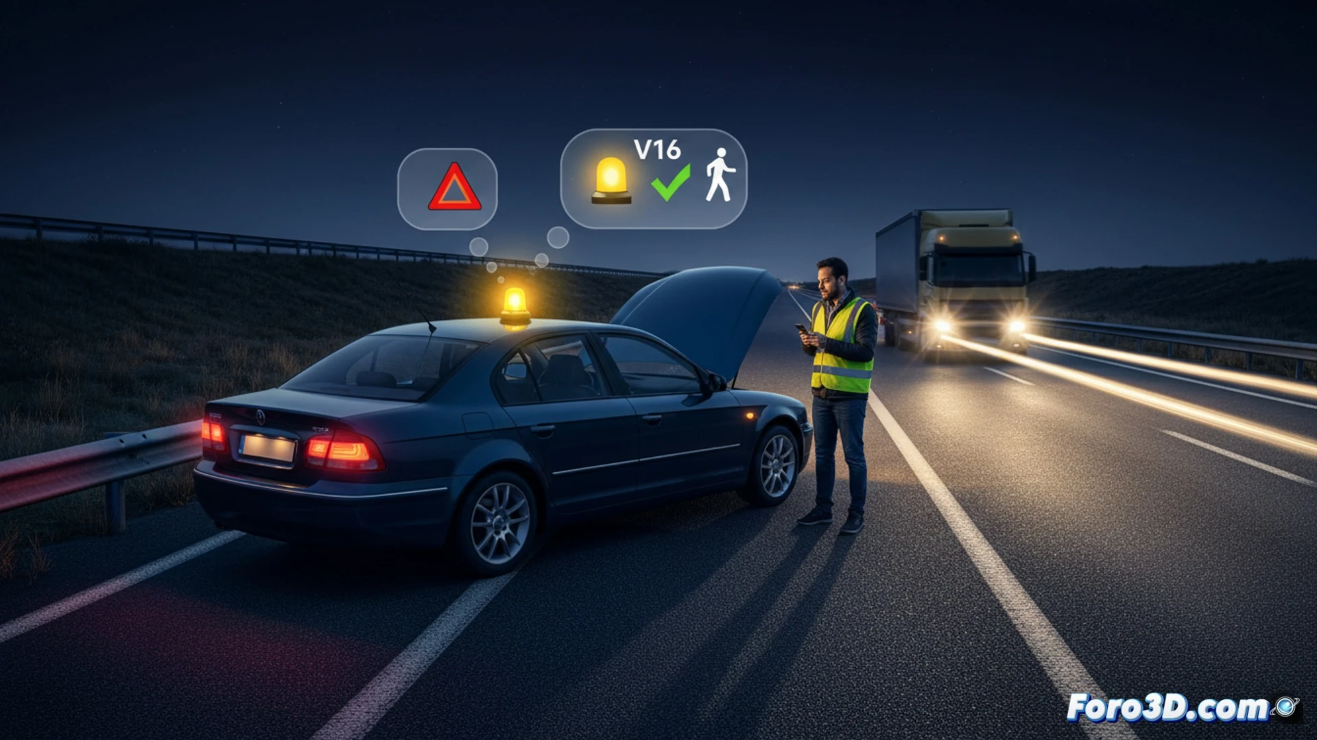Un conductor activa la baliza V16 en su coche averiado, pero permanece de pie peligrosamente cerca en la calzada.