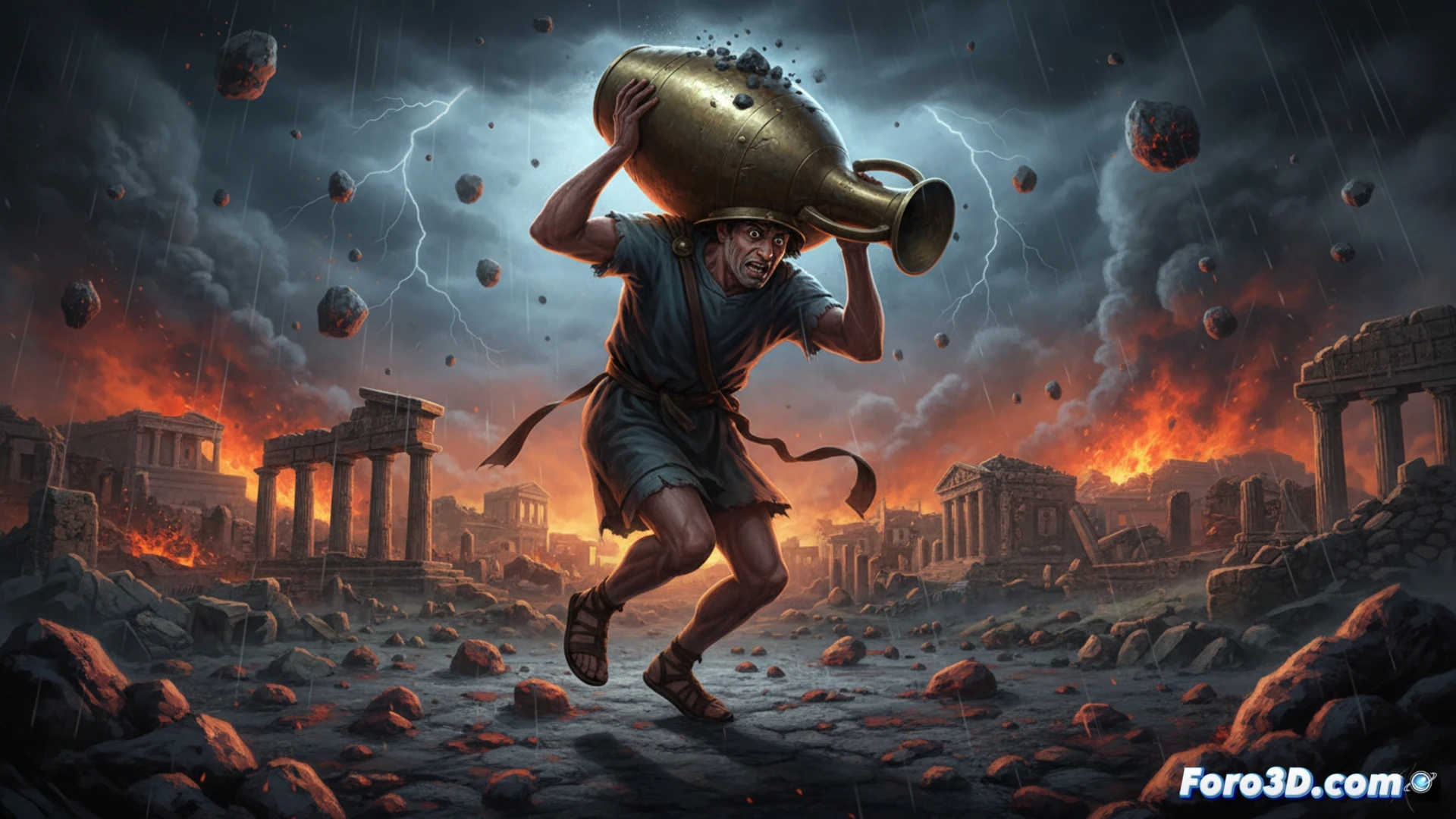 Reconstruccion 3D de hombre con vasija metalica en cabeza huyendo de erupcion del Vesubio en Pompeya