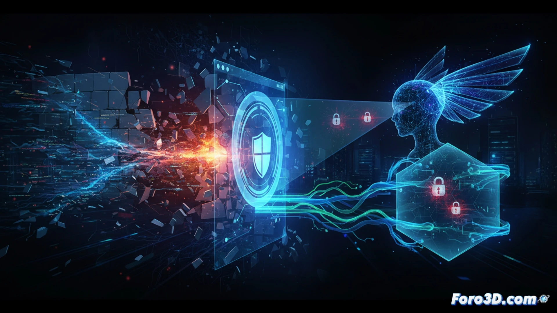 Una ventana digital se cierra, mostrando un reloj en cuenta regresiva. Frente a ella, un escudo de NDR analiza flujos de datos rojos y azules en tiempo real.