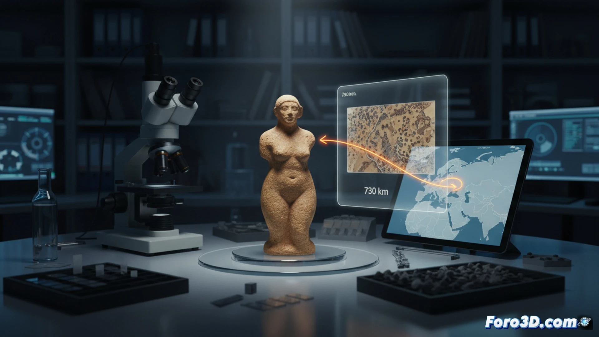 Una estatuilla femenina tallada en roca oolítica, sobre un mapa de Europa con una línea que conecta Austria e Italia.