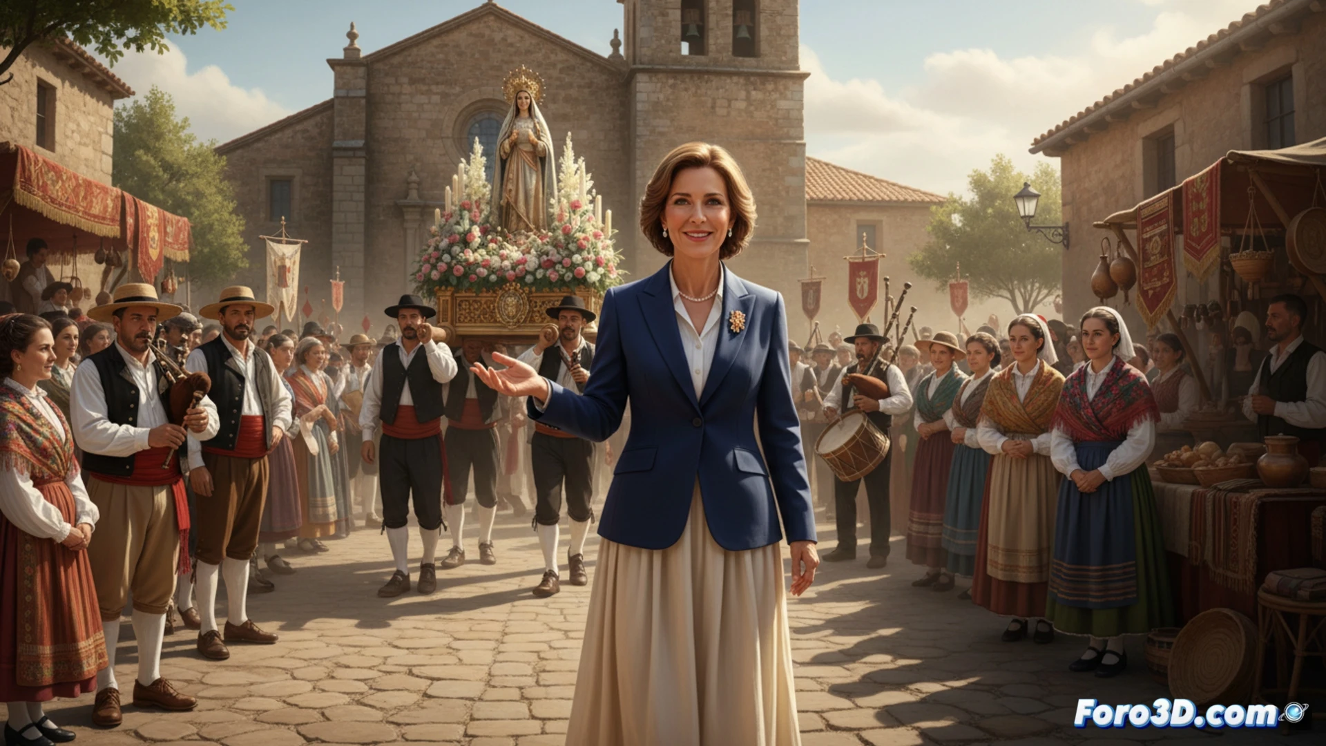 Viceconsejera de Cultura, en primer plano, saluda a fieles en la romería de Bolaños, con procesión y ermita al fondo.