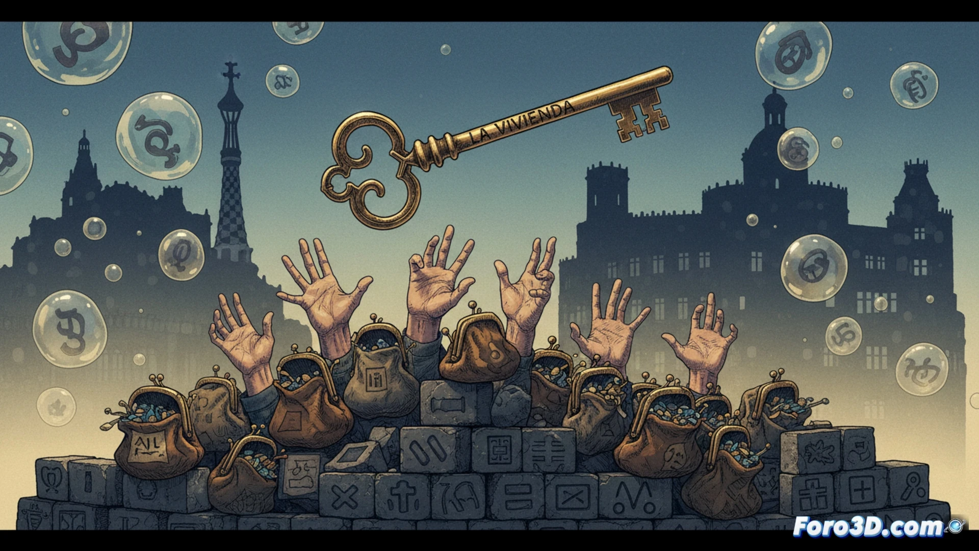 Una joven pareja observa un cartel de SE ALQUILA frente a un edificio, mientras sus manos vacías sostienen monedas; al fondo, un gráfico de precios sube en rojo y un letrero gubernamental promete soluciones.