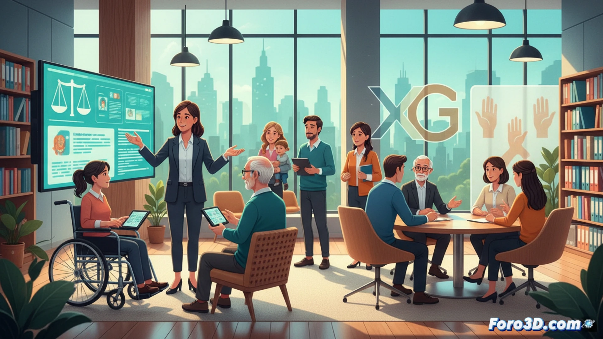 Una profesional explica documentos legales a una persona con discapacidad auditiva en una oficina pública.