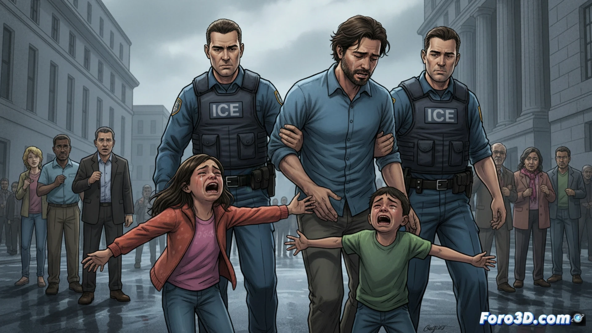 Un juzgado neoyorquino. Dos niños lloran abrazados a un migrante ecuatoriano; agentes del ICE lo separan. Dolor familiar, sistema implacable.