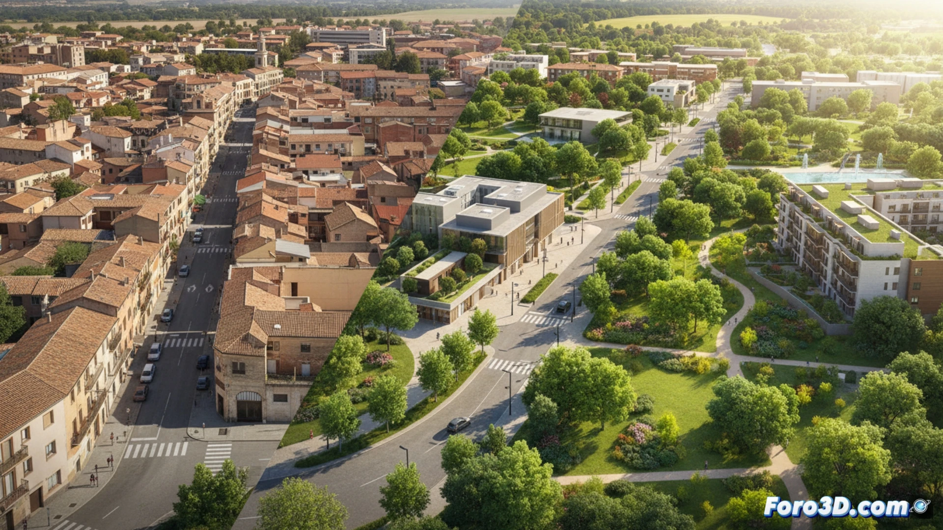 Una imagen aérea de L'Alcora con calles en renovación, nuevas zonas verdes y maquinaria de obra, mostrando una transformación urbana integral.