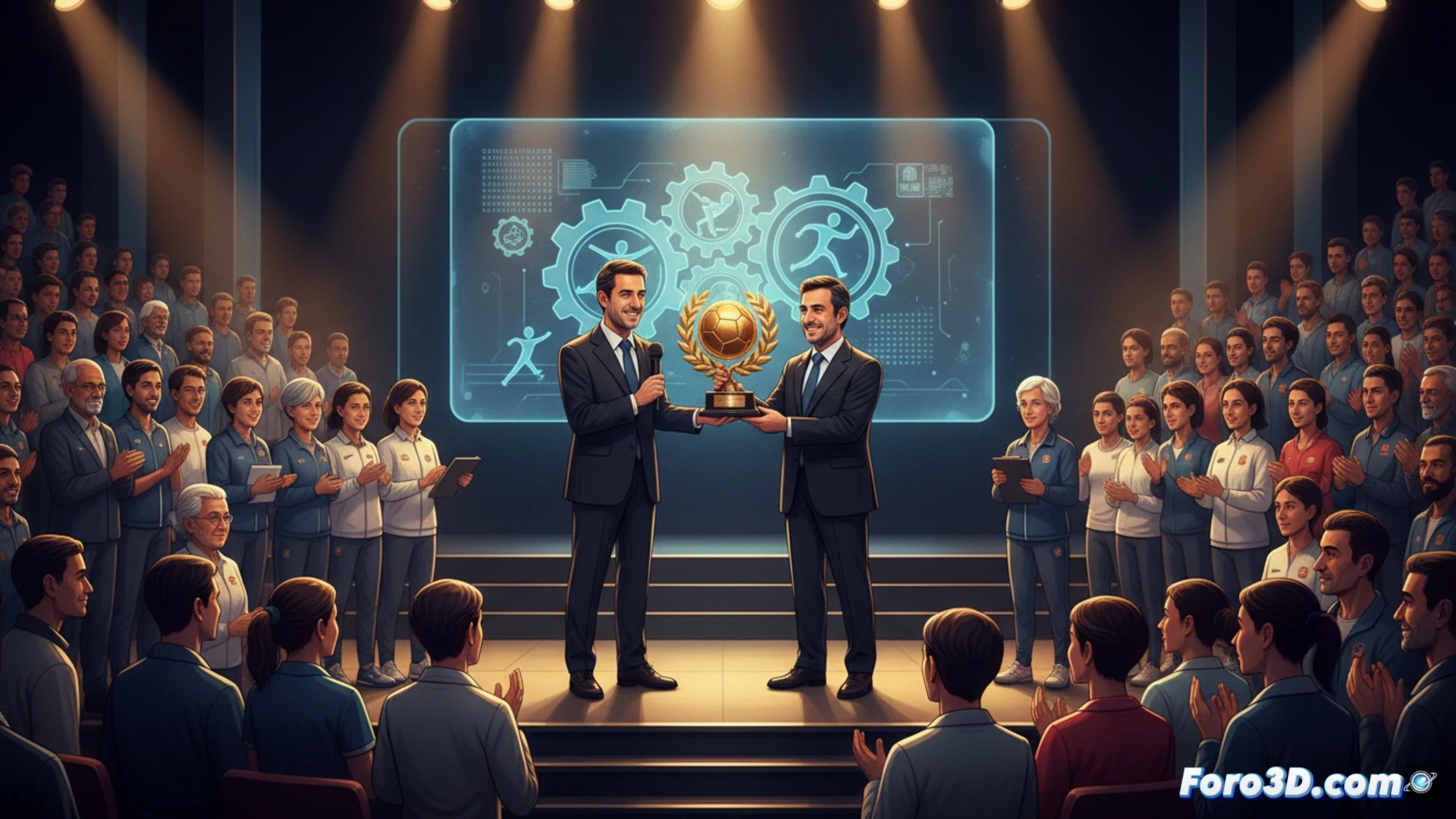 La gala de ADESP muestra a Javier Tebas y José Hidalgo junto a un cheque gigante de 45 millones de euros, con atletas de fondo.